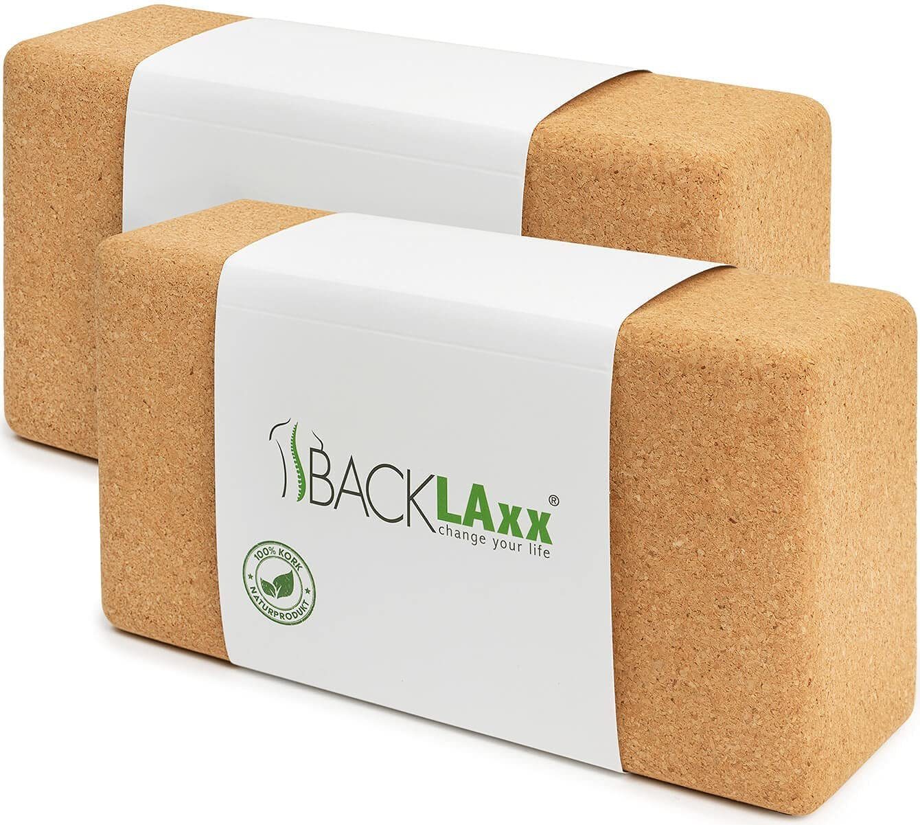 BACKLAxx® Yogablock aus 100% Kork - Yogaklotz, Yoga Block, Zubehör, (für Yoga & Pilates, 2-tlg., 22 x 12 x 7,5 cm), antibakteriell, hautfreundlich & langelebig