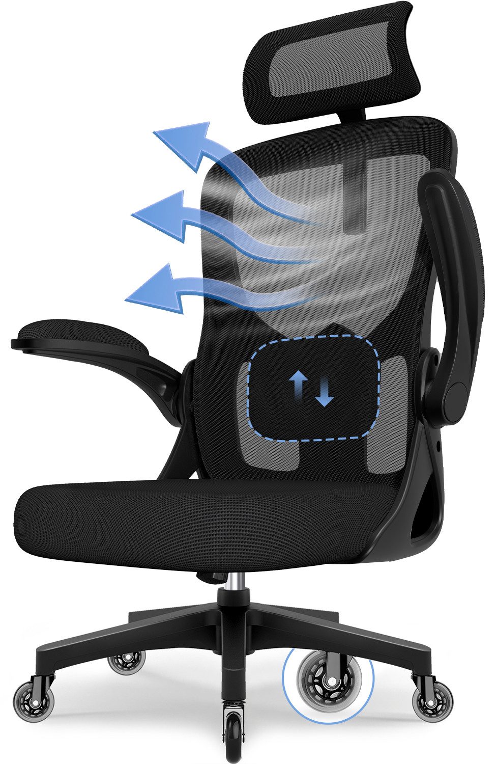 Hiazurm Bürostuhl Bürostuhl, Ergonomischer Schreibtischstuhl, Drehstuhl, Chefsessel (Verstellbare Armlehne,leise Rolle,Bis 155 kg belastbar, Atmungsaktiv,Sitzhöhe Einstellung,Wippfunktion 90°-135), Verlängerte und Verbreiterte Rückenlehne, Schwarz