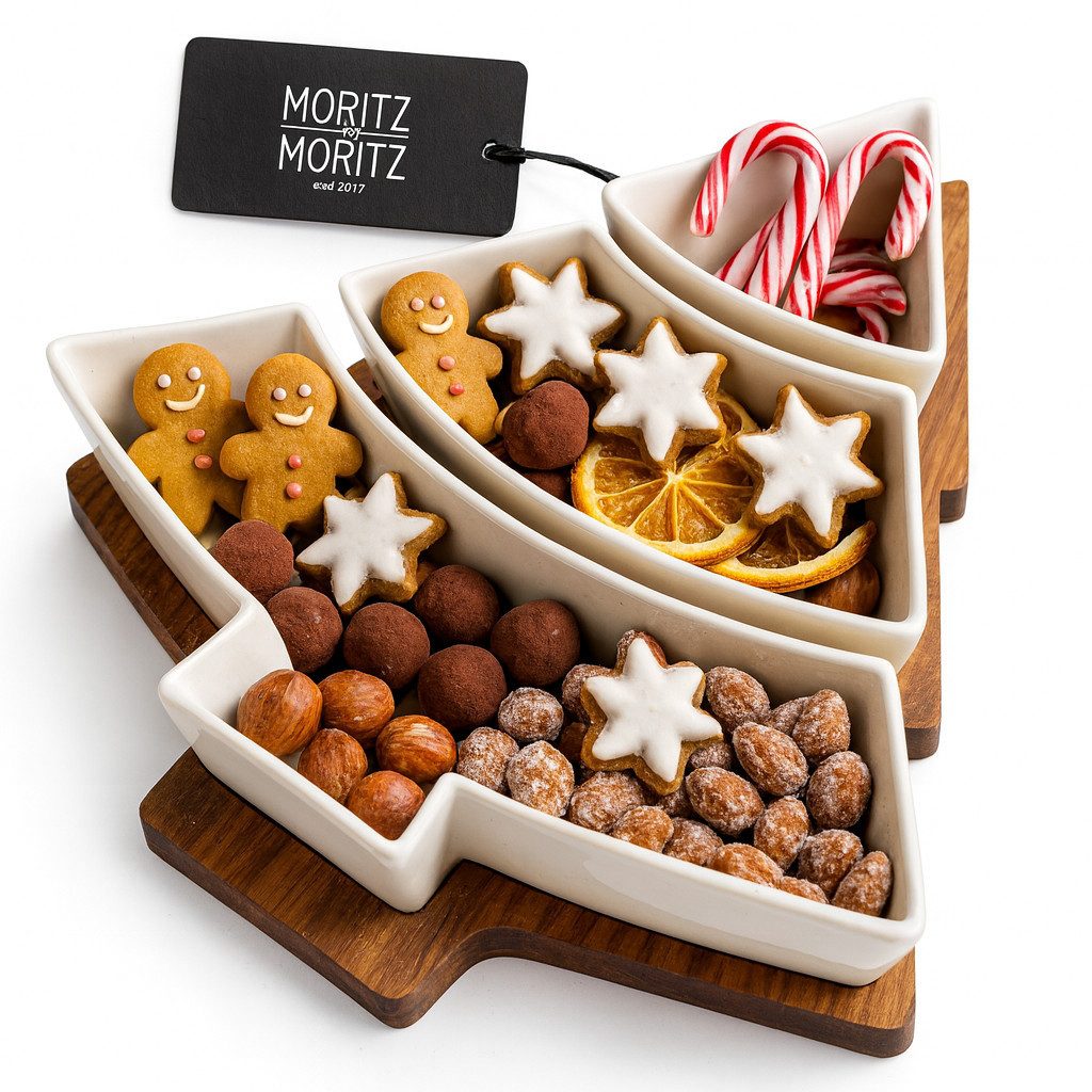 Moritz & Moritz Servierschale Сервировочные миски Set Tannenbaum, Keramik, Akazienholz, (Set, 4-tlg), Weihnachtliches Tannenbaum Motiv