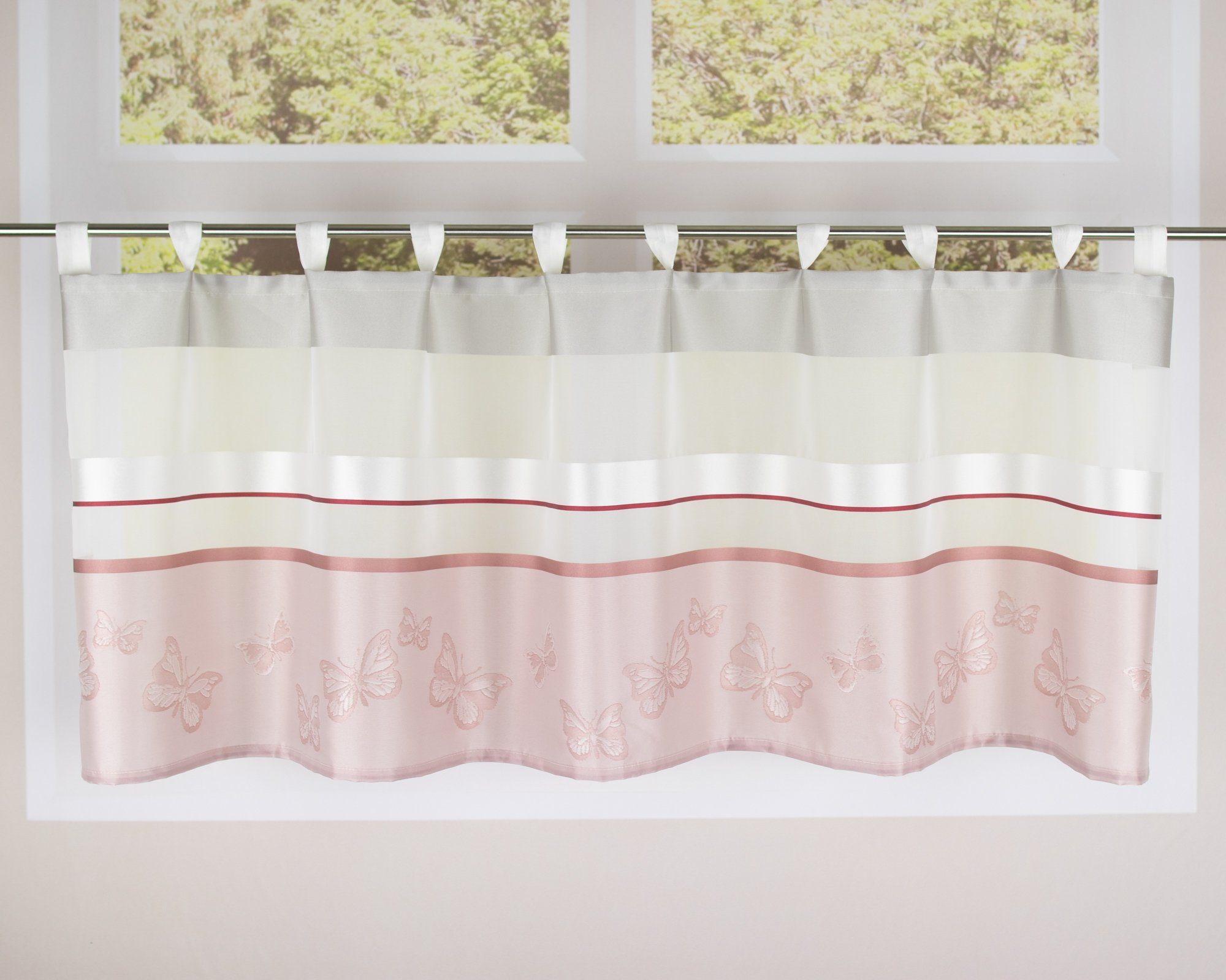 EXPERIENCE Scheibengardine Scheibengardine Küchengardine Schlaufengardine 2289 Weiß Rosa 50 x 140 cm Schmetterlinge (1 St), Schlaufen, halbtransparent, Eine Polyesterqualität bezeichnet eine Chemiefaser, bei der es sich um ein sehr pflegeleichtes Material handelt. Die Ware ist sowohl formbeständig als auch strapazierfähig. Außerdem läuft sie nicht ein und hat eine hohe Lichtbeständigkeit., mit 10 Schlaufen