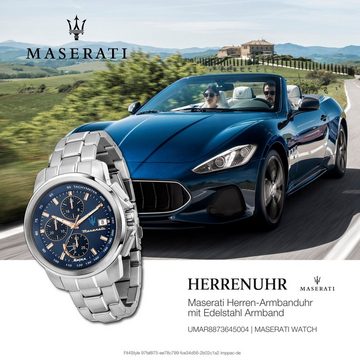 MASERATI Chronograph Maserati Herren Chronograph, Herrenuhr rund, groß (ca. 44mm) Edelstahlarmband, Made-In Italy