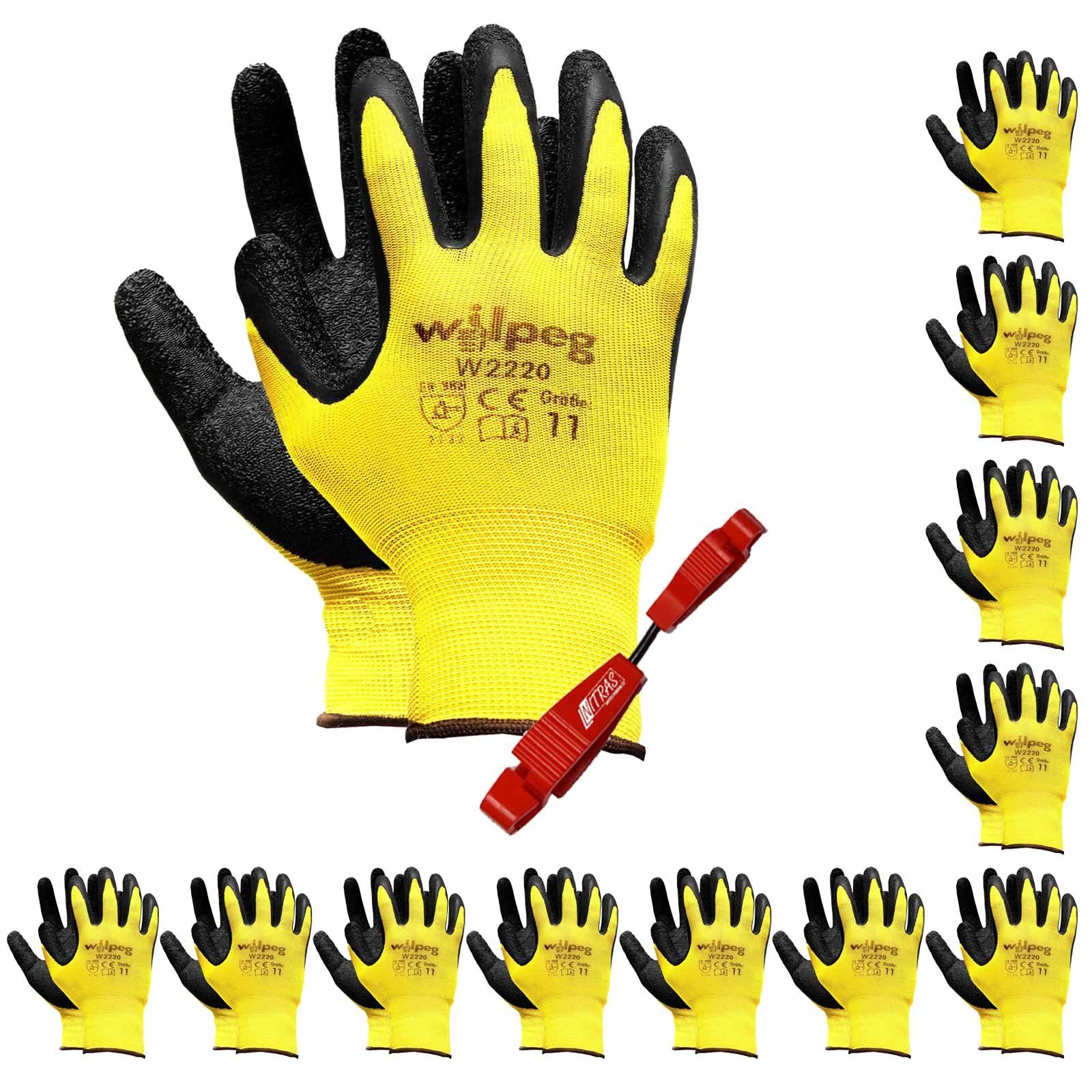 wilpeg® Latexhandschuhe 12 Paar W2220 Nylon-Strickhandschuhe Latex + Handschuh-Clip Set (Spar-Set)