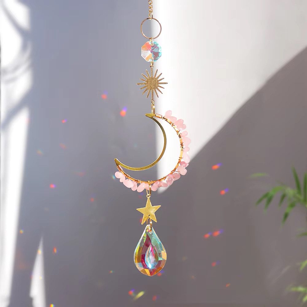 Karmandala Fensterdekoration Sonnenfänger mit Kristall Regenbogen Lichtspiel, echte Rosenquarz Edelsteine, spirituelle Boho Deko