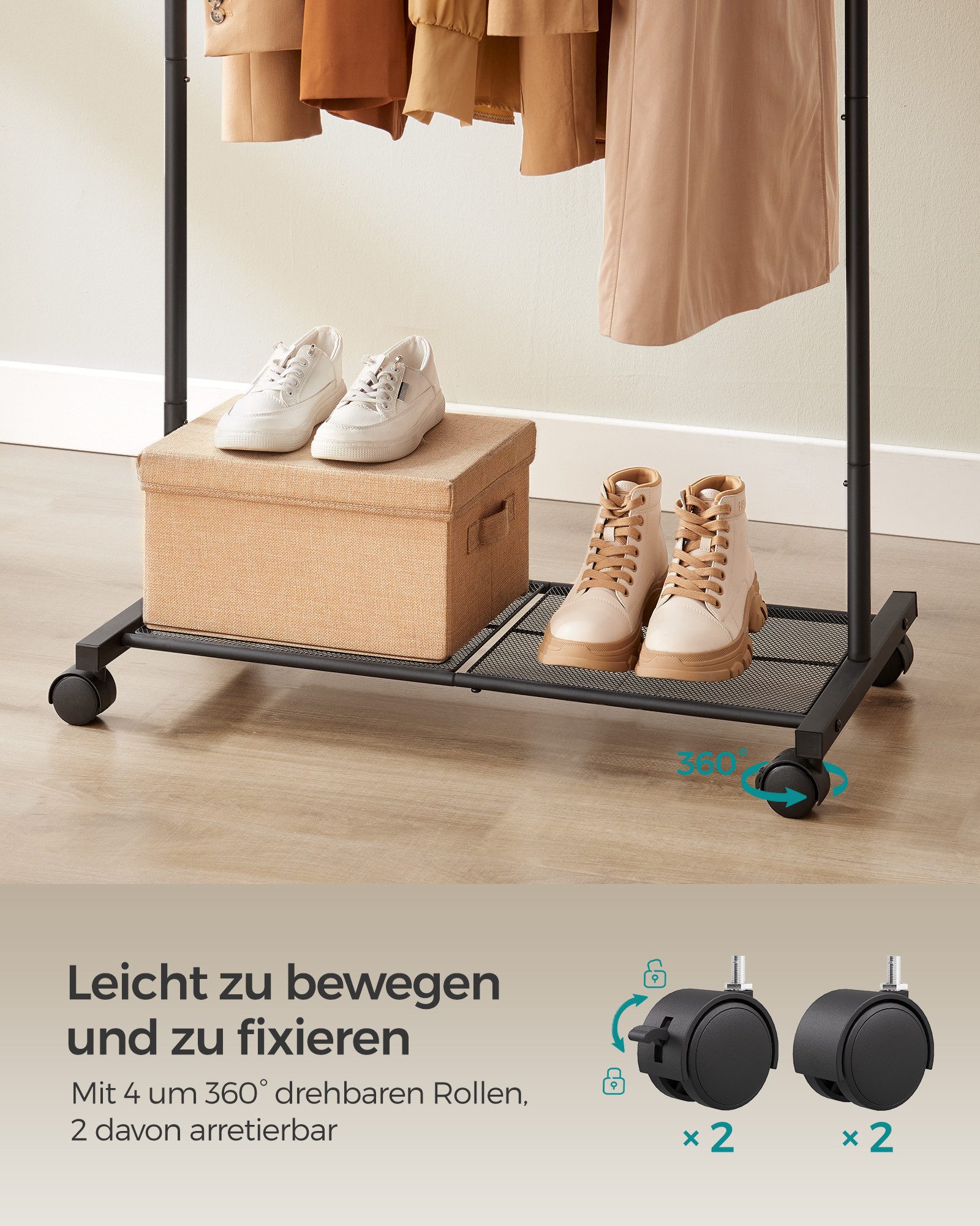 SONGMICS Kleiderständer Garderobenständer Kleiderstange auf Rollen, bis 35 kg belastbar, 74 cm breit, mit Gitterablage, Stahlrahmen – Bild 5 von 5