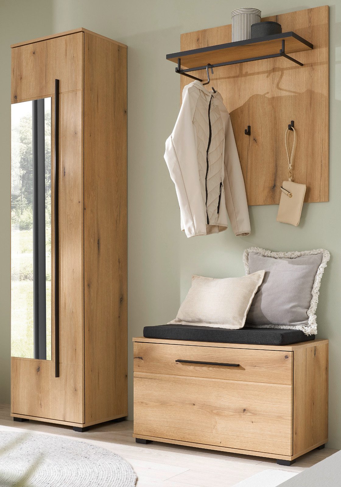 Furn.Design Garderoben-Set Design-D, (Komplett-Set 4-teilig in Evoke Eiche Dekor, Garderobe 140 x 200 cm), mit Sitzkissen, großem Spiegel und 10 Fächern
