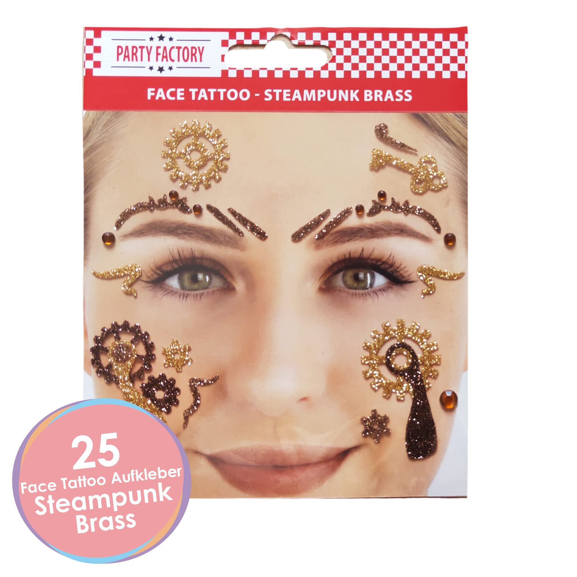 Party Factory Strass-Tattoo Glitter Face Tattoo Steampunk Brass, mit Glitzerelementen und Strass-Steinchen je nach Wahl