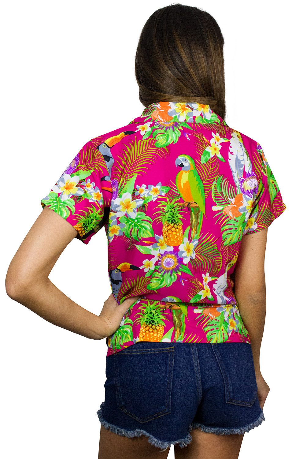 King Kameha Hawaiihemd Parrot Cockatoo Funky Hawaiibluse Damen Kurzarm Front-Tasche Stylish