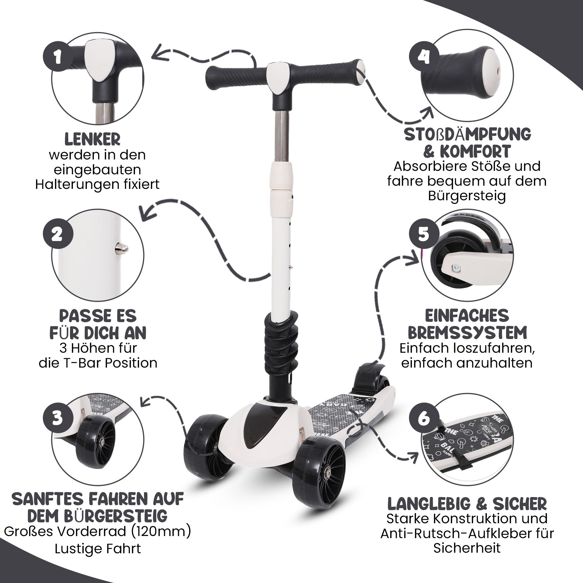 Habib Gruppe Sitzscooter 3-Rad Kinderroller mit LED Rädern & Sitz, Faltbar Höhenverstellbar