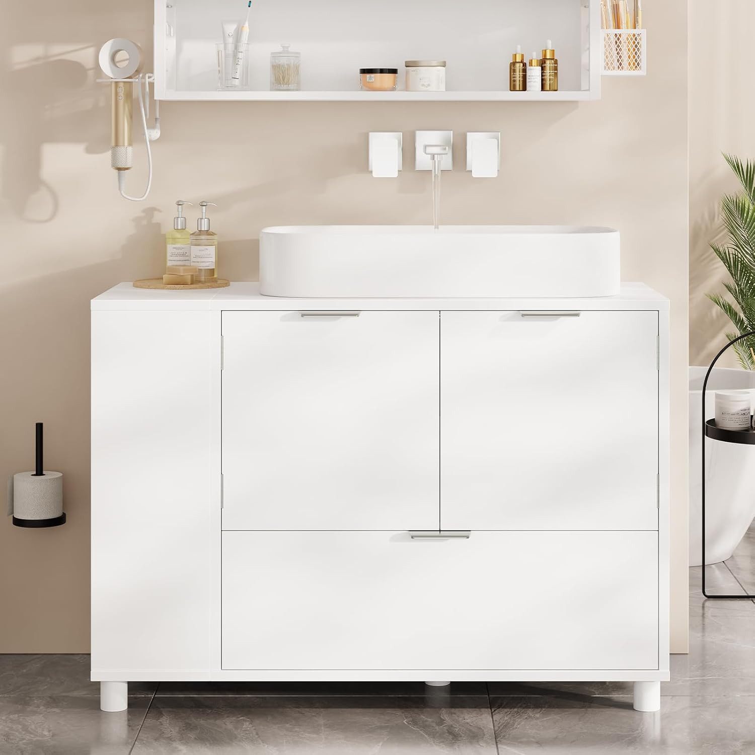 MSMASK Waschbeckenunterschrank Badezimmerschrank mit 2 Türen, Große Schublade, 30 x 60 x 75 cm Offene Fächer an Einer Seite, Rechts Oder Links Austauschbar, Weiß