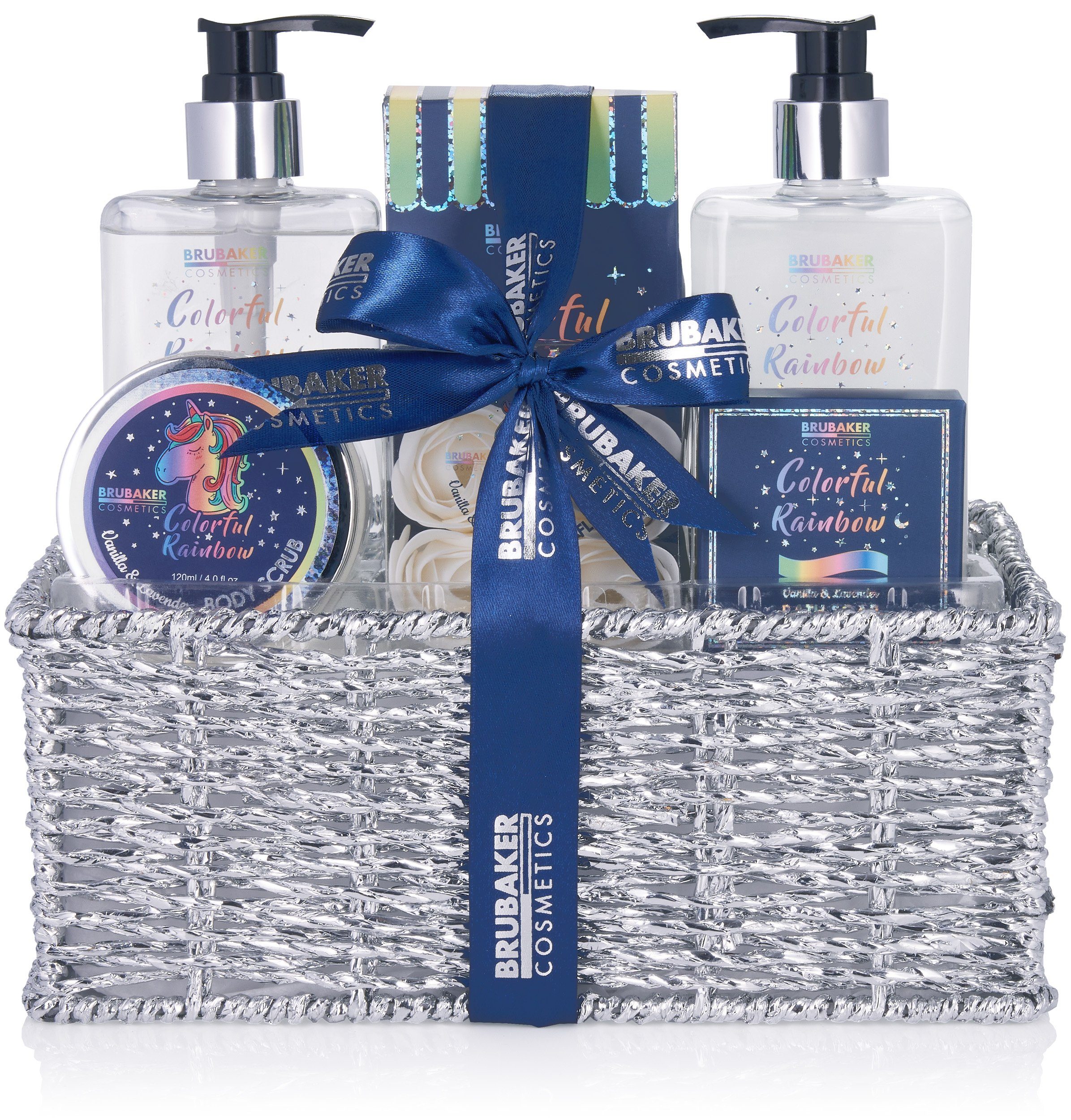 Geschenkkorb, Geschenkset in für Badeset Einhorn Dusch- BRUBAKER Hautreinigungs-Set 10-tlg., Pflegeset Wellness Vanille Silber Frauen und Lavendel Duft, Glitzer Damen