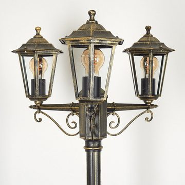 hofstein Außen-Stehlampe Wegeleuchte aus Metall/Glas in Goldfarben-Braun/Klar, ohne Leuchtmittel, Kandelaber, Gartenbeleuchtung IP44, 3xE27, ohne Leuchtmittel