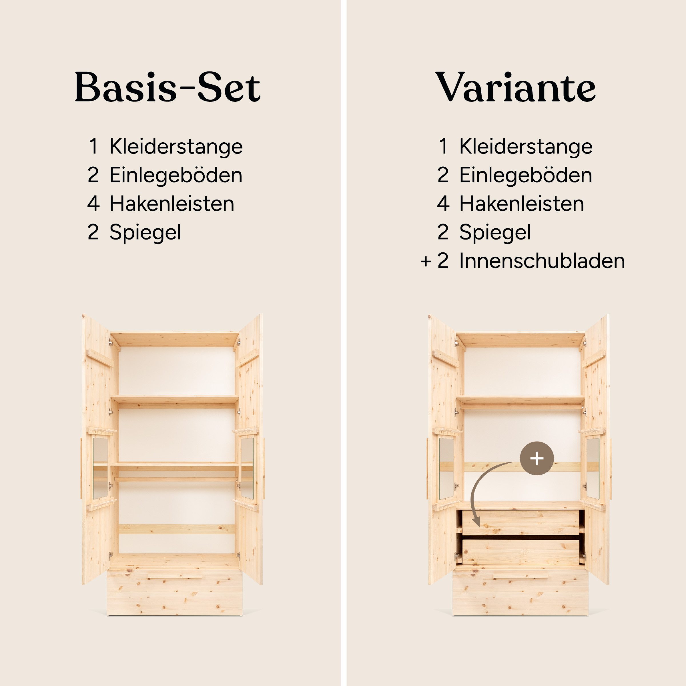 Ehrenkind Kleiderschrank Linia 100 cm aus Kiefernholz (inkl. Kleiderstange, 2 Einlegeböden, Rollschublade und 2 Innenschubladen, maximale Stauraumlösung mit flexibler Innenorganisation) individuell nutzbares Rastersystem