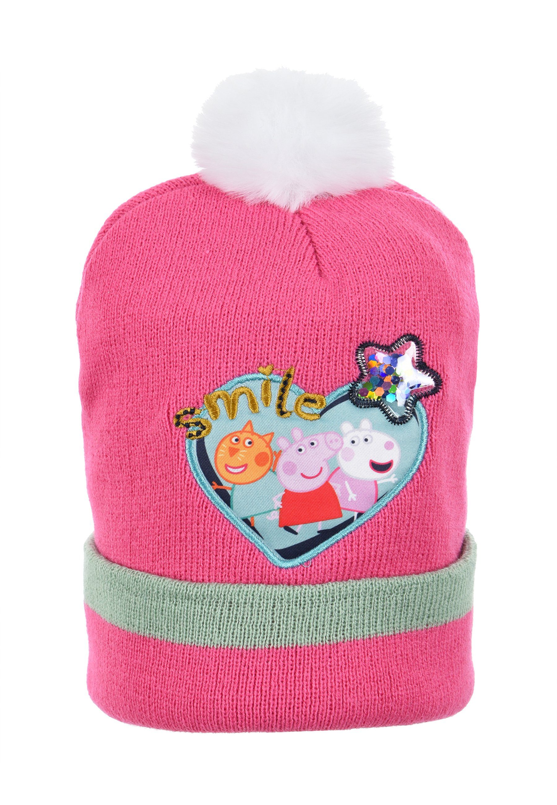 Peppa Pig Bommelmütze Peppa Wutz Winter-Mütze Kinder Mädchen Pink Bommelmütze