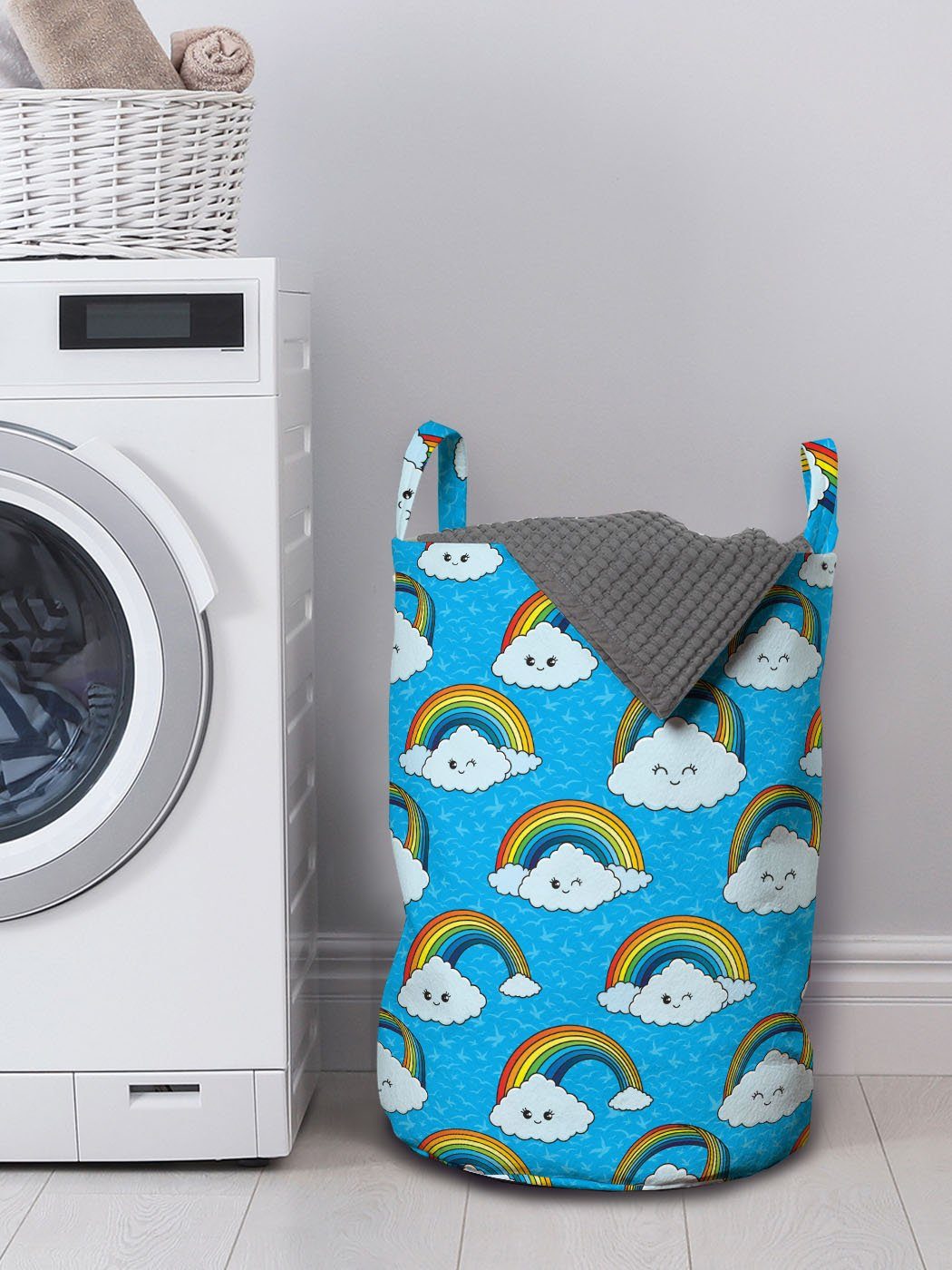 Glückliche Regenbogen Griffen Kordelzugverschluss Wäschesäckchen und Abakuhaus für Wäschekorb mit Kindisch Wolken Waschsalons,