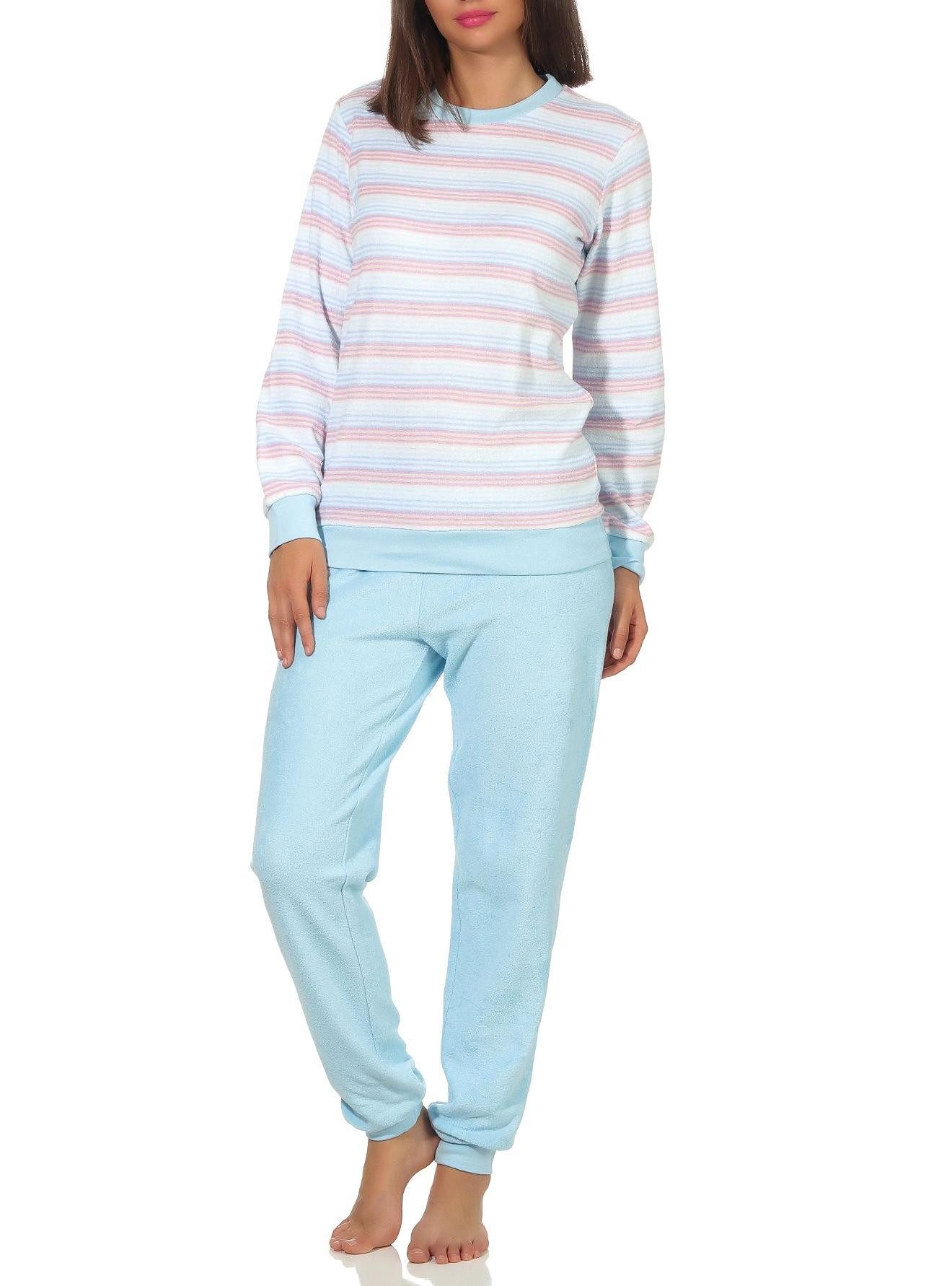 Normann Pyjama Damen Frottee Schlafanzug mit Bündchen Pyjama in Streifenoptik