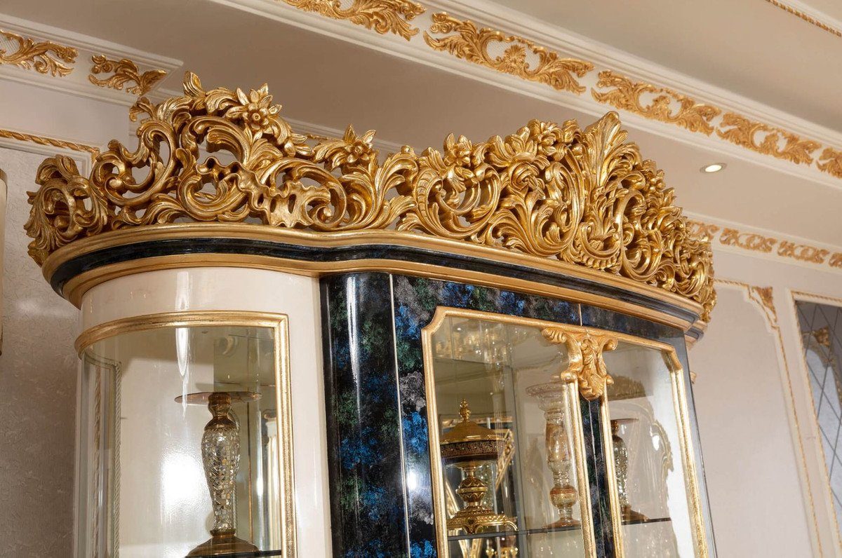 Casa Padrino Vitrine Luxus 2 Weiß Gold Möbel Blau / Massivholz mit Vitrinenschrank Glastüren Vitrine - - & - Prunkvoll Edel Prunkvoller Barock Barock 