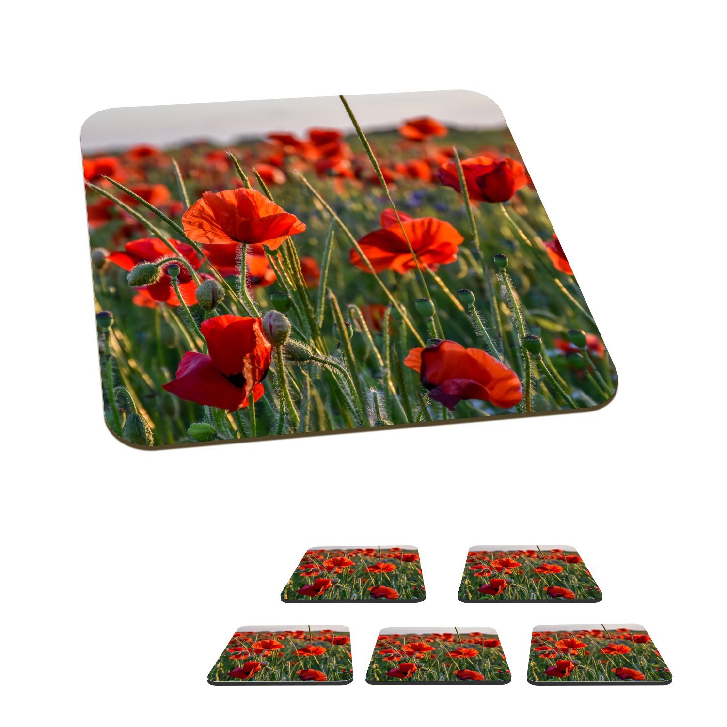 Gläser, Rot, Blumen für Glasuntersetzer, Tasse Glasuntersetzer Mohnblumen Korkuntersetzer, MuchoWow Zubehör Natur Untersetzer, Tischuntersetzer, - 6-tlg., - -