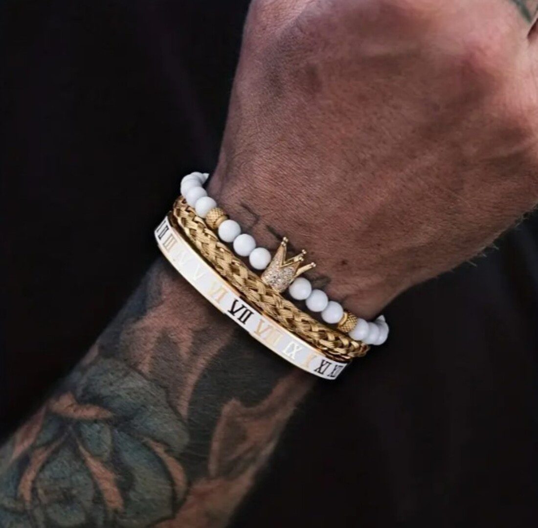 Lale Collection® Bracelet Set Men's Bracelet Set Stainless Steel Black-Gold-Silver Jewelry Bangle, Roman Numerals, Pearl, Crown, Fashion, Style, Bracelet