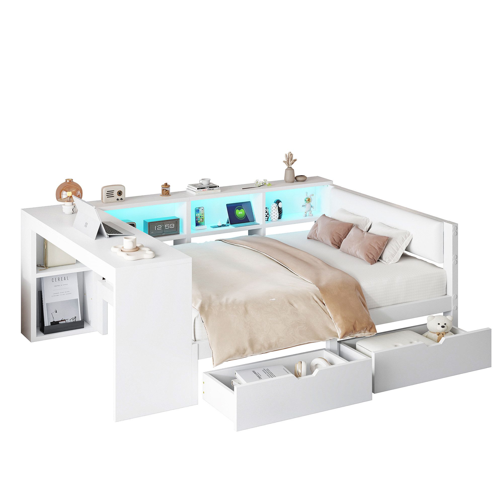 SOFTWEARY Stauraumbett mit Schreibtisch und LED-Beleuchtung (140x200 cm, Lattenrost, Regal, Schubladen, USB und Steckdosen), Doppelbett, Holzbett