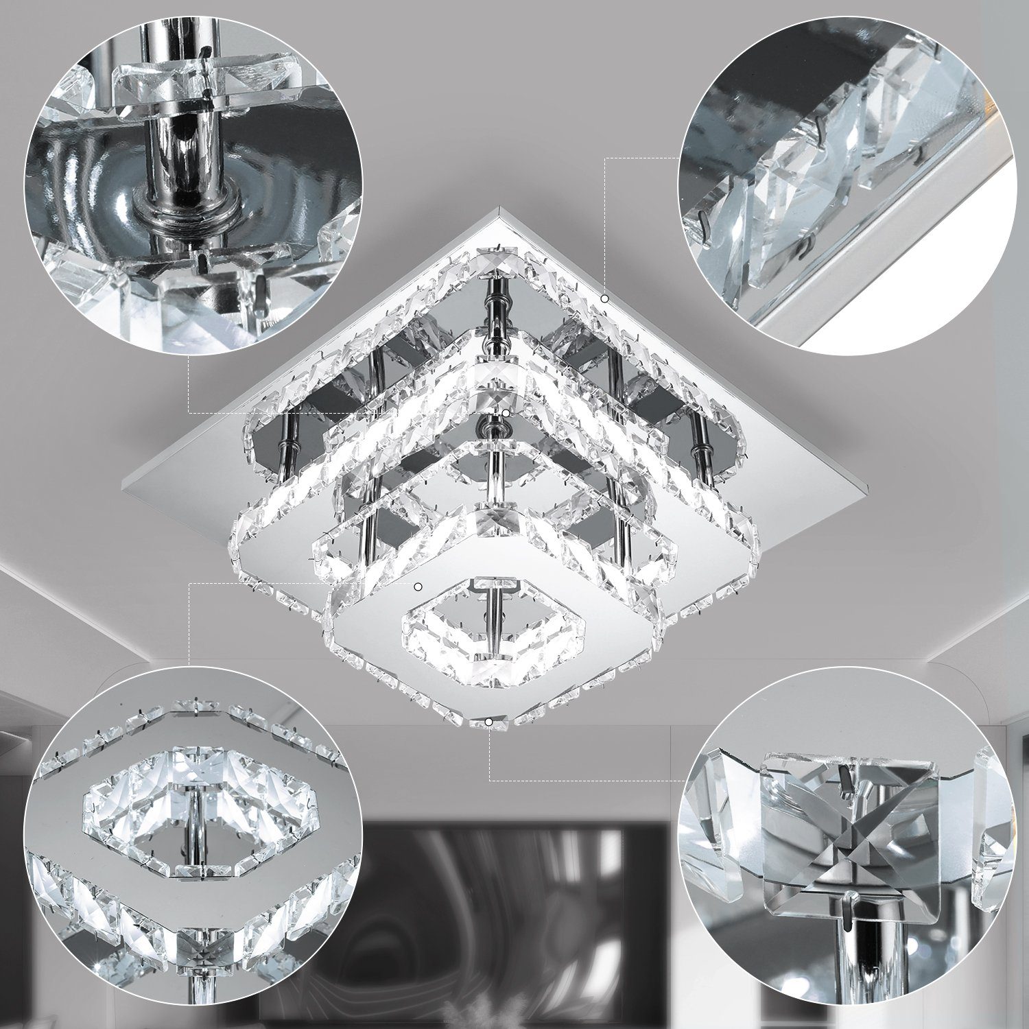 oyajia Deckenleuchte Moderne Kristall LED Deckenlampen, 12W Luxus Mini Kronleuchter, LED fest integriert, Tageslichtweiß, 20x20x10cm Quadrat Deckenleuchte für Wohnzimmer Küche Flur Badezimmer