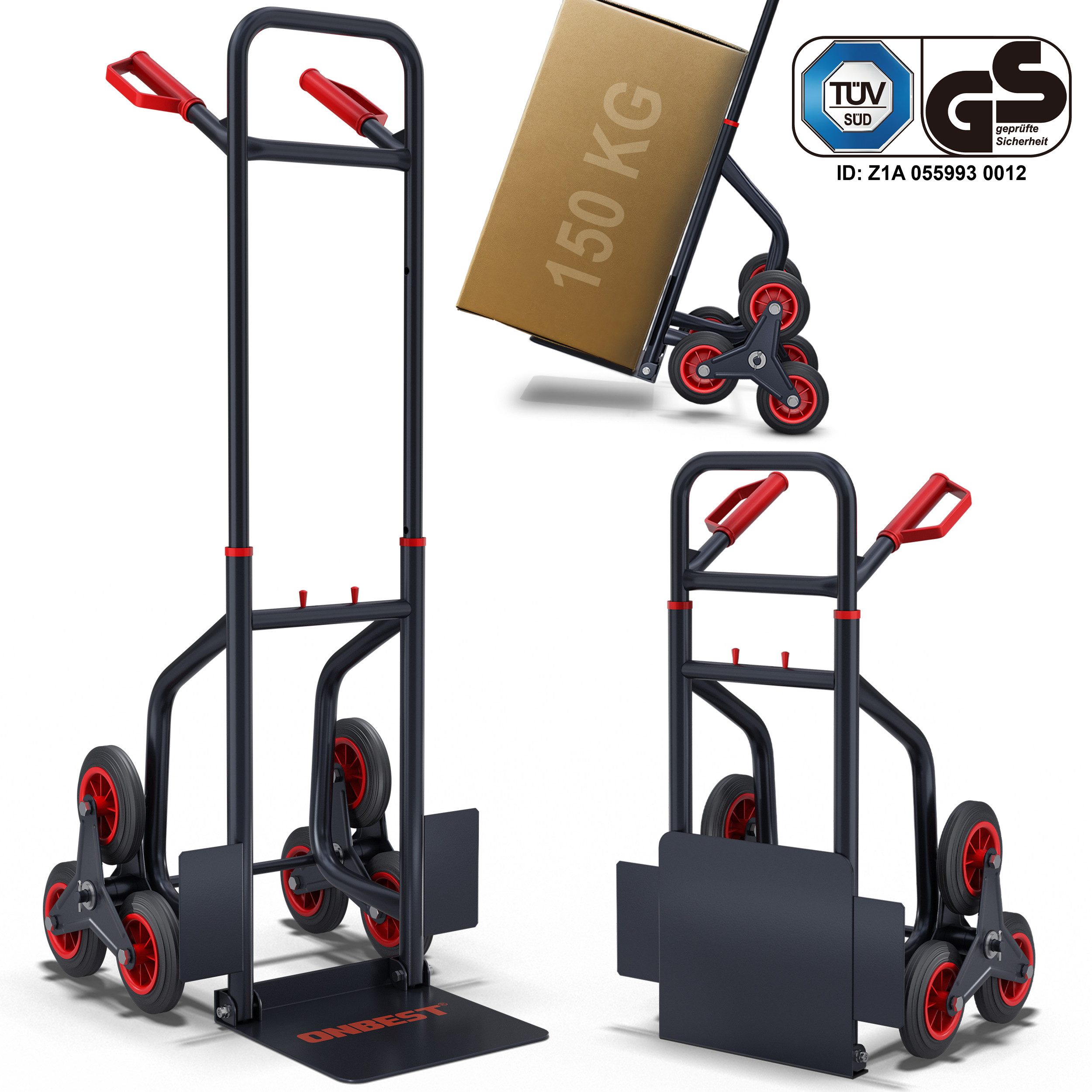 Onbest Treppensackkarre klappar bis 150 kg, PREMIUM, Vollgummi Räder, höhenverstellbar, Stahlrahmen