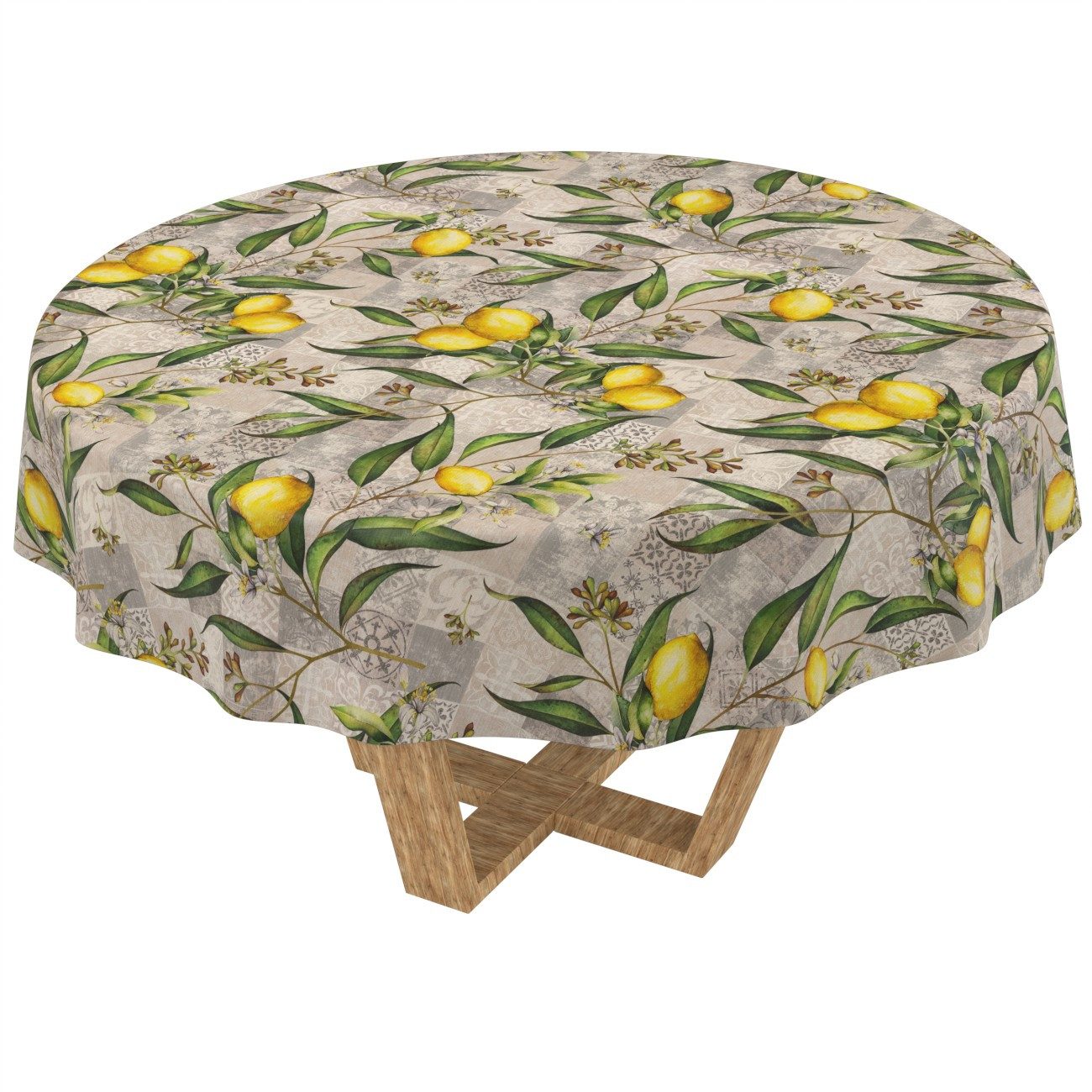 ANRO Tischdecke abwaschbar Madrid Stoff Premium Mediterran Zitrone (Einzelstück 1-tlg), Stoff schmutzabweisend Rund 100 Mediterran Grau