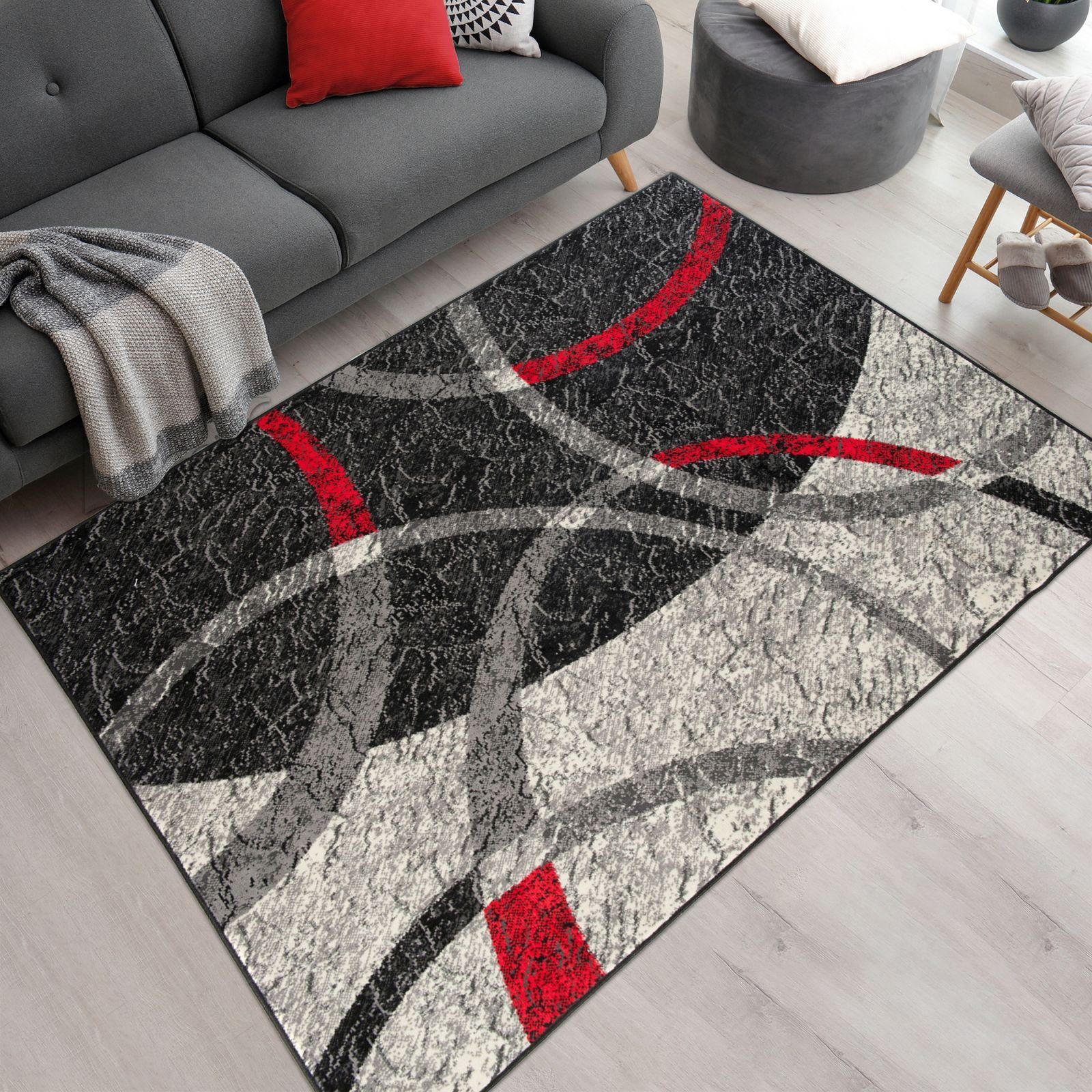 Designteppich Modern Teppich Geometrisch Grau Rot - Weich, Pflegeleich, Mazovia, 80 x 150 cm, Geeignet für Fußbodenheizung, Höhe 7 mm, Kurzflor