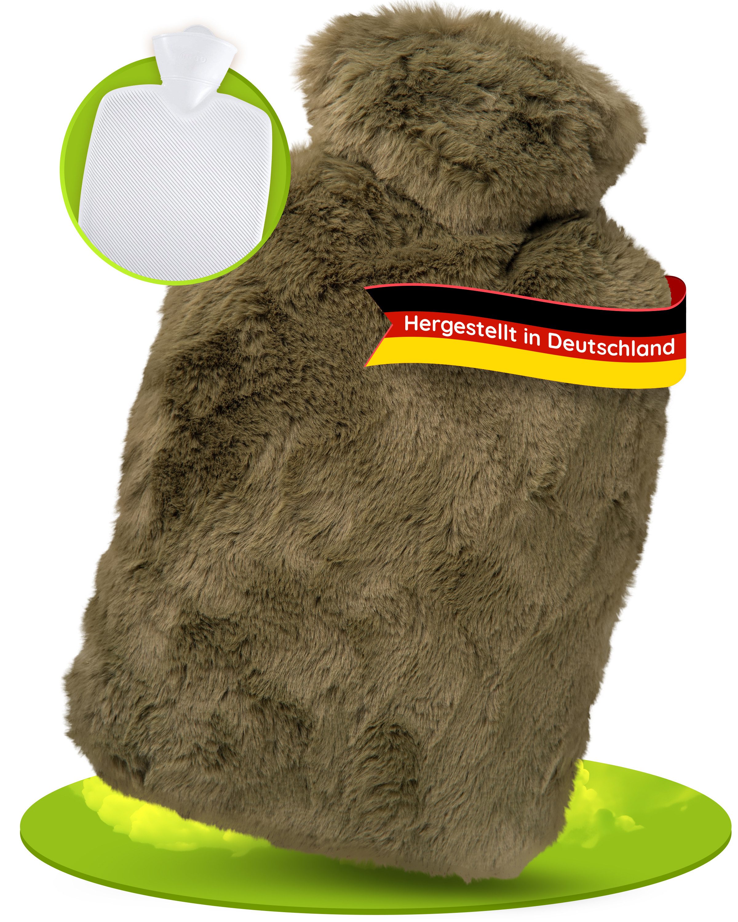 Hugo Frosch Wärmflasche Klassik 1,8 l Made in Germany mit Bezug Langhaar-Flausch, Moosgrün - langlebige Bettflasche, waschbarer Überzug