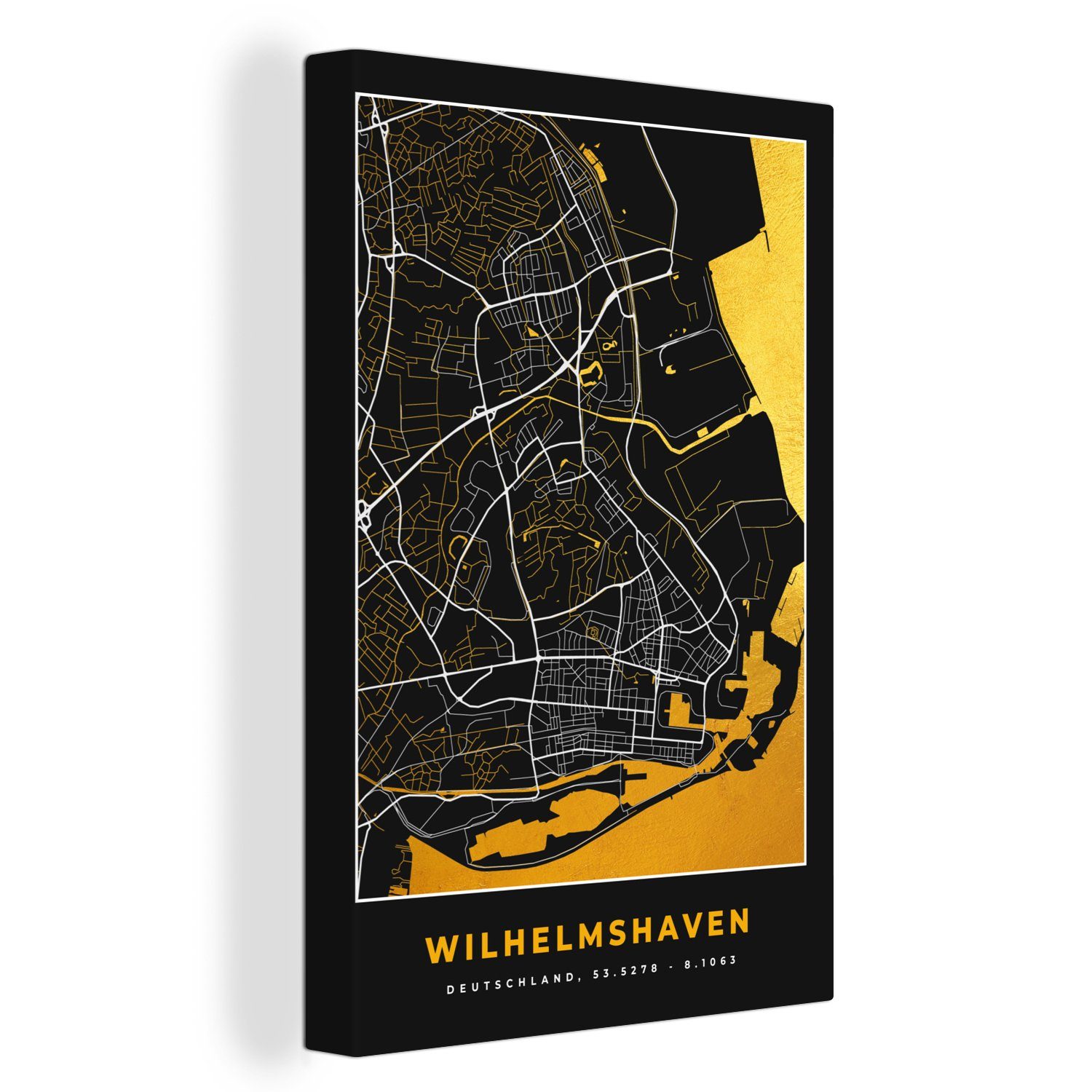 OneMillionCanvasses® Leinwandbild Karte - Stadtplan - Wilhelmshaven - Deutschland - Gold, (1 St), Leinwandbild fertig bespannt inkl. Zackenaufhänger, Gemälde, 20x30 cm