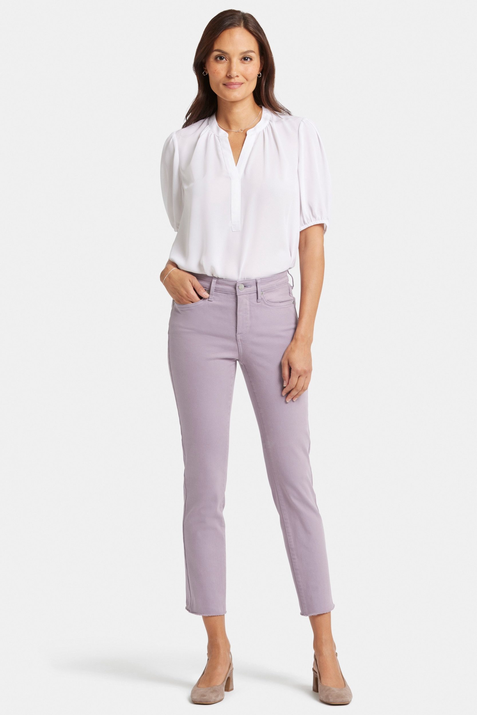 NYDJ Slim-fit-Jeans Sheri Slim Knöcheljeans Abgeschnittener Saum Lila Farbiger Denim