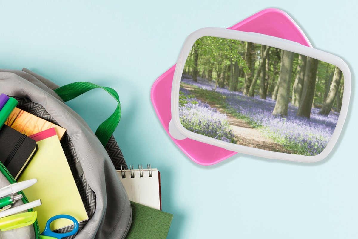 - Brotbox MuchoWow für Mädchen, Grün Kunststoff, Lunchbox - - (2-tlg), Weg Blumen - Kunststoff Kinder, Snackbox, Brotdose Erwachsene, Natur, Wald - Lila rosa