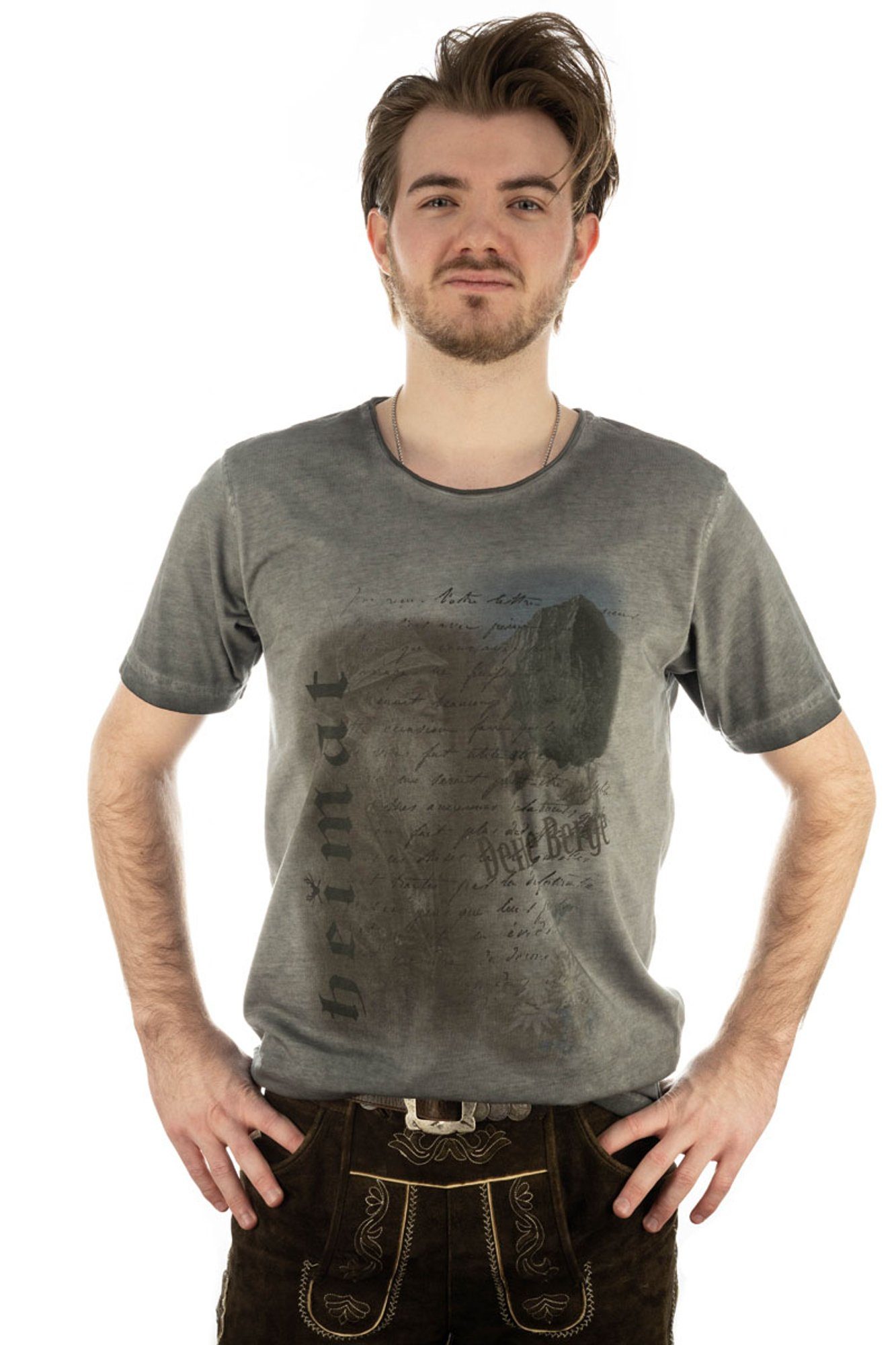 OS-Trachten Praiol Kurzarm mit Motivdruck T-Shirt anthrazit Trachtenshirt