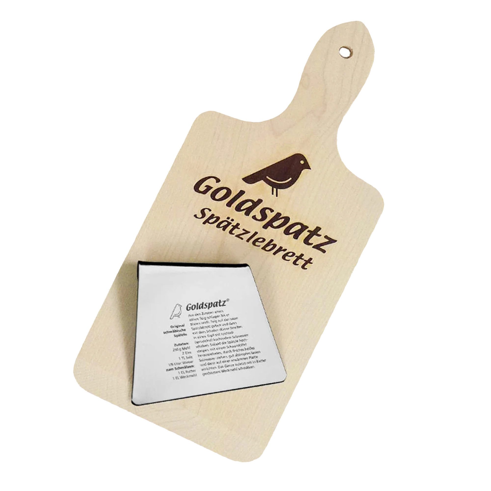 Goldspatz Spätzlereibe Goldspatz Spätzlebrett mit Spätzleschaber, Edelstahl, Goldspatz Spätzlebrett mit Spätzleschaber, Edelstahl, (Kochset, Küchenset, Spätzleset, Schaber mit oder ohne Gravur erhältlich), Traditionelles Spätzlebrett mit Edelstahlschaber und Rezept