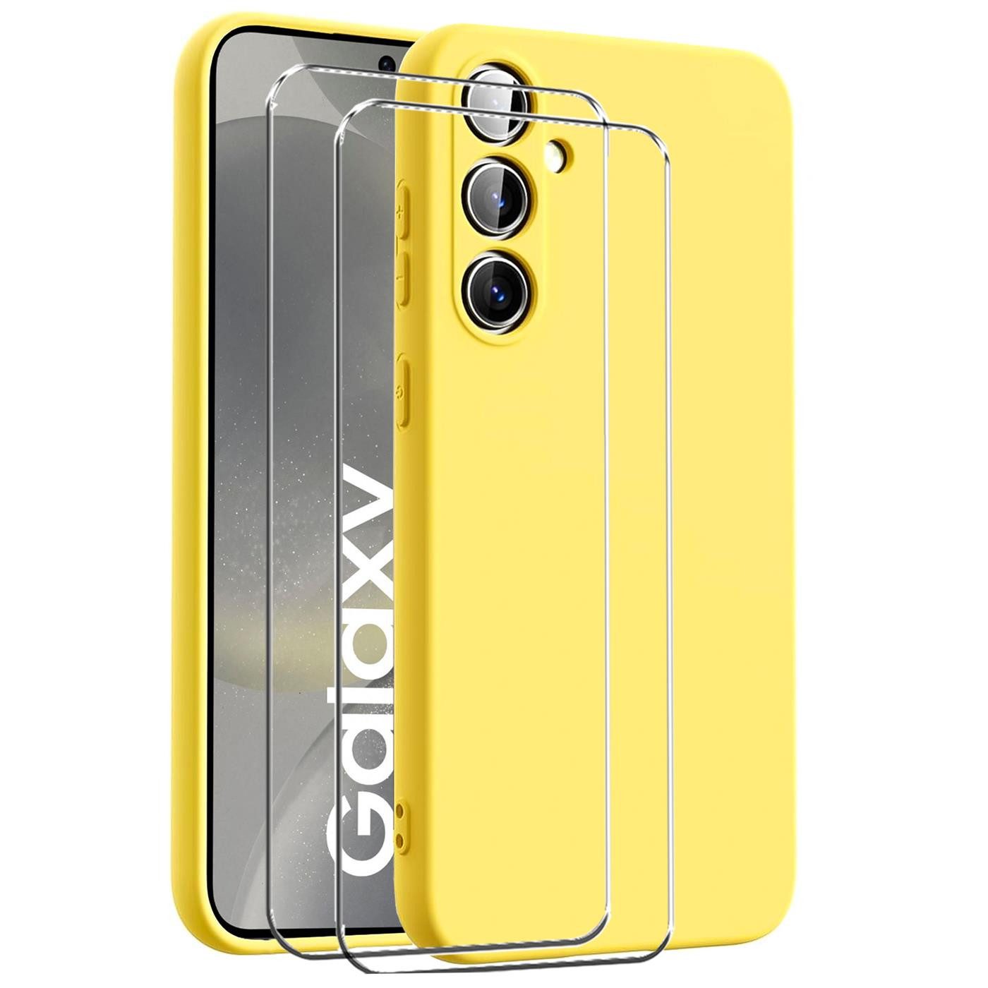 CoolGadget Handyhülle Gelb als 2in1 Schutz Cover Set für das Samsung Galaxy A55 5G 6,6 Zoll, 2x Glas Display Schutz Folie + 1x TPU Case Hülle für Galaxy A55 5G