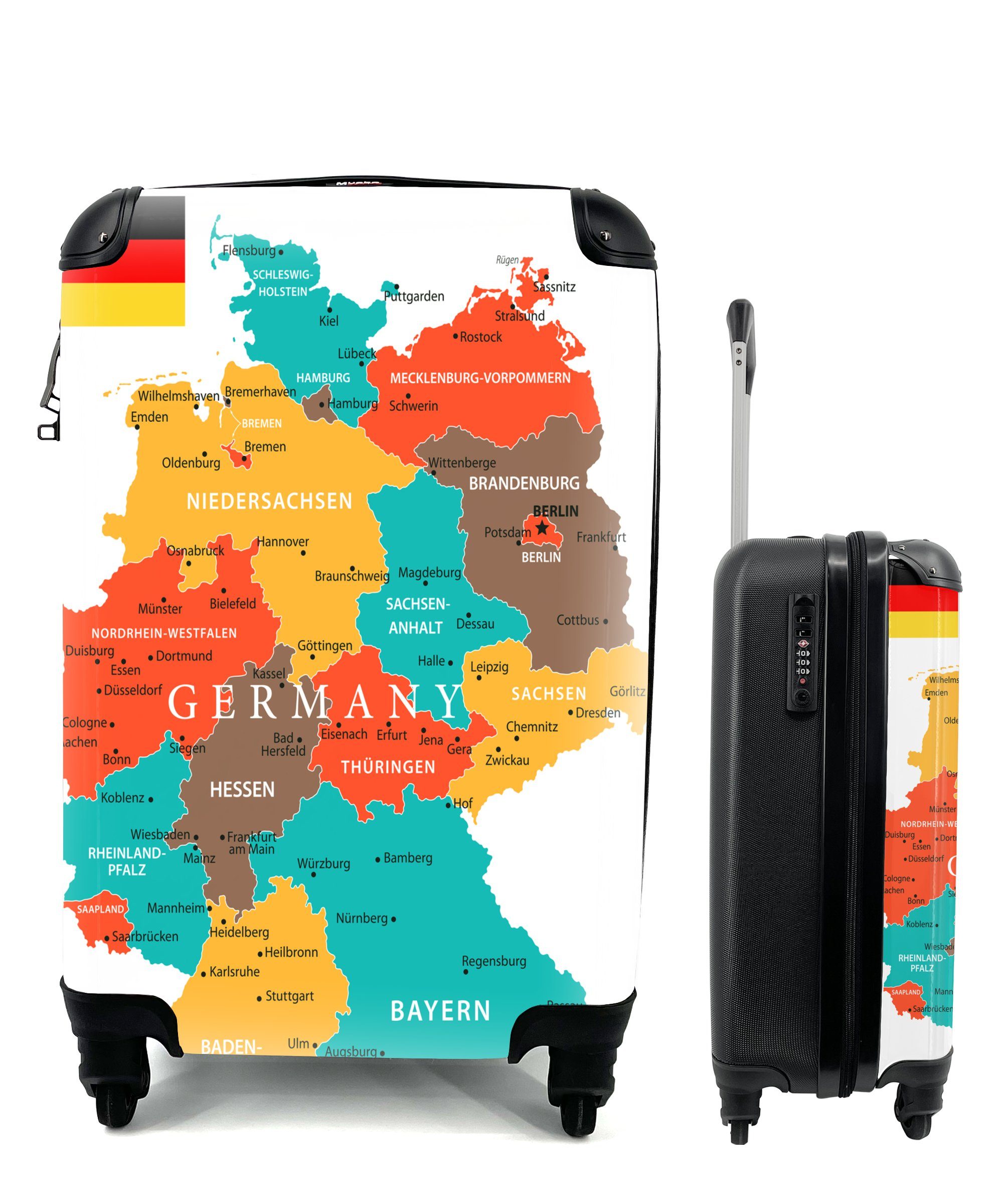 MuchoWow Handgepäckkoffer Bunte Deutschlandkarte, 4 Rollen, Reisetasche mit rollen, Handgepäck für Ferien, Trolley, Reisekoffer