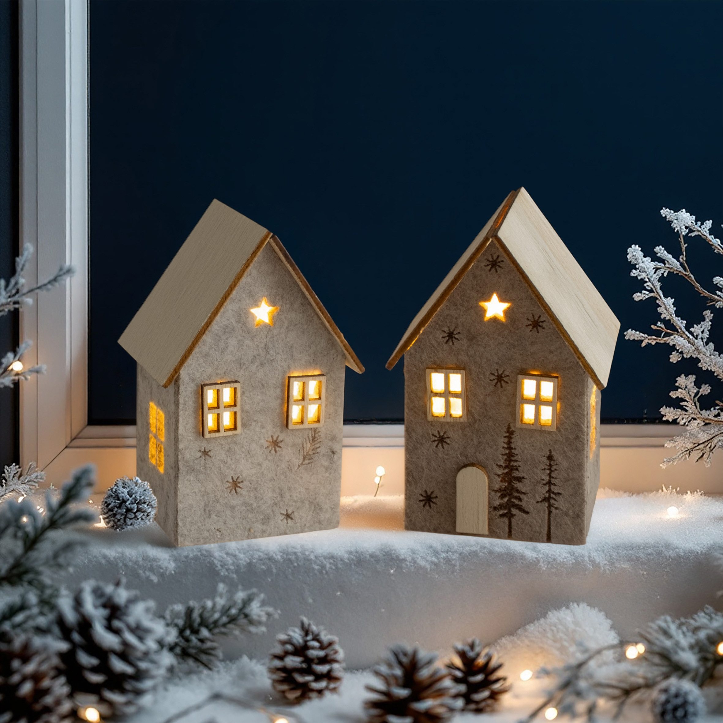 Spetebo LED Dekofigur LED Filz Winterhaus mit Holzdach 2er Set - 10 x 7 cm, günstig online kaufen