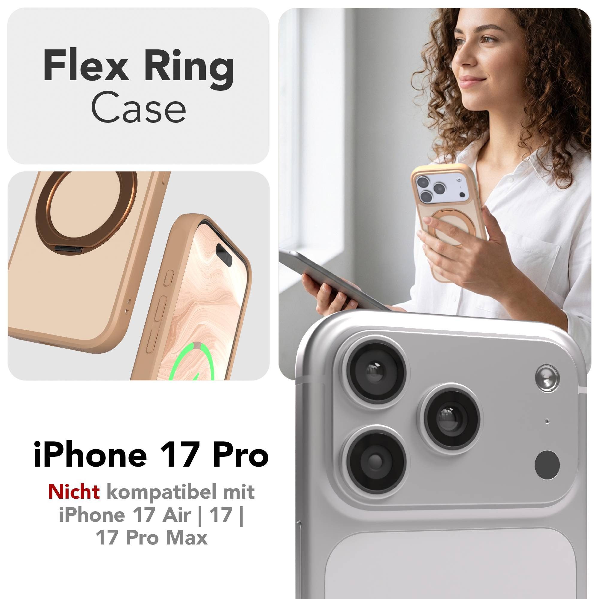 EAZY CASE Handyhülle Outdoor Apple iPhone 17 Pro Case MagSafe Rotation Ring 6,3 Zoll, Outdoor Case mit Ring zum Aufstellen für Videos kratzfest in Braun