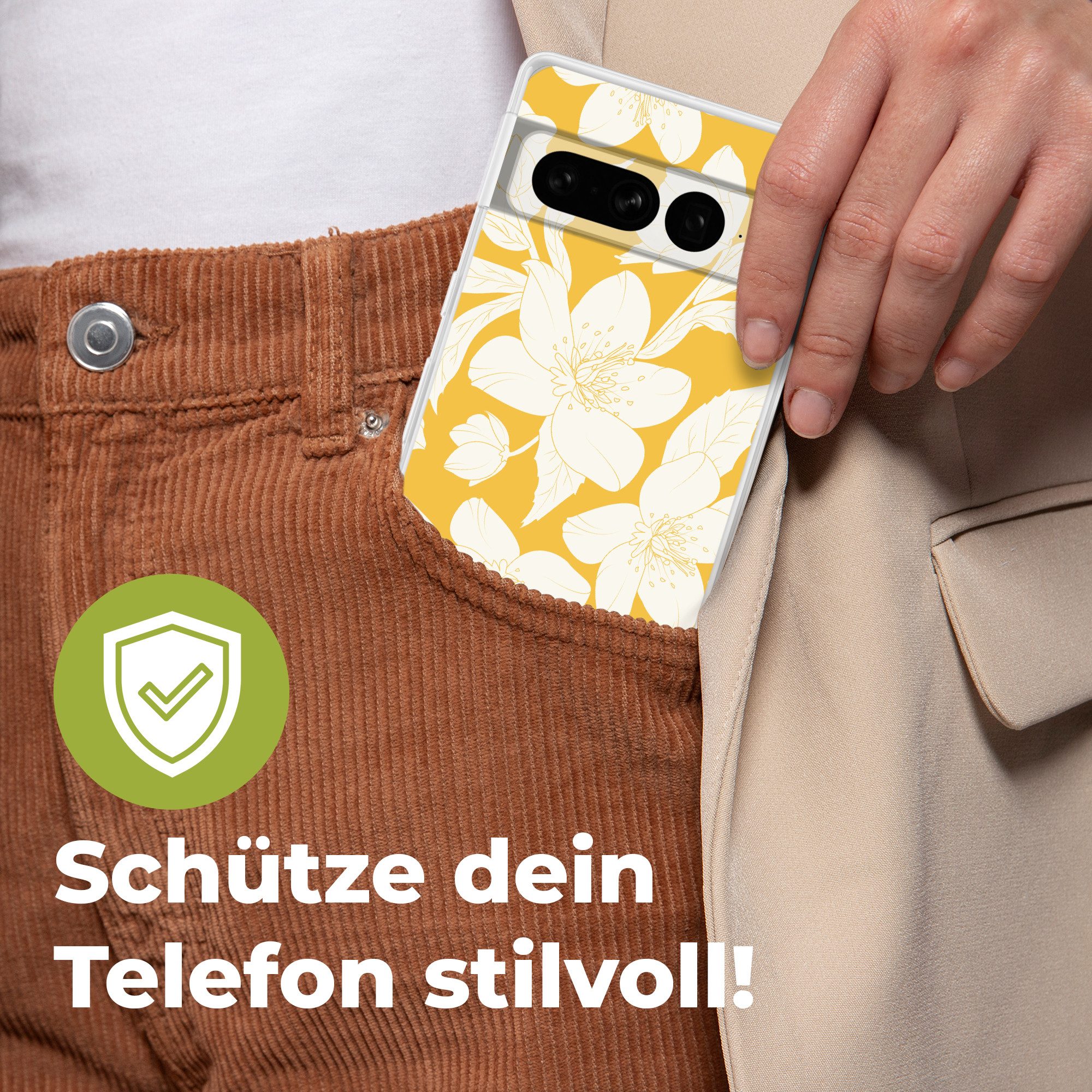 MuchoWow Handyhülle für Google Pixel 7 Pro Blumen - Muster - Gelb - Weiß, Phone Case, Silikon, Schutzhülle Dünn