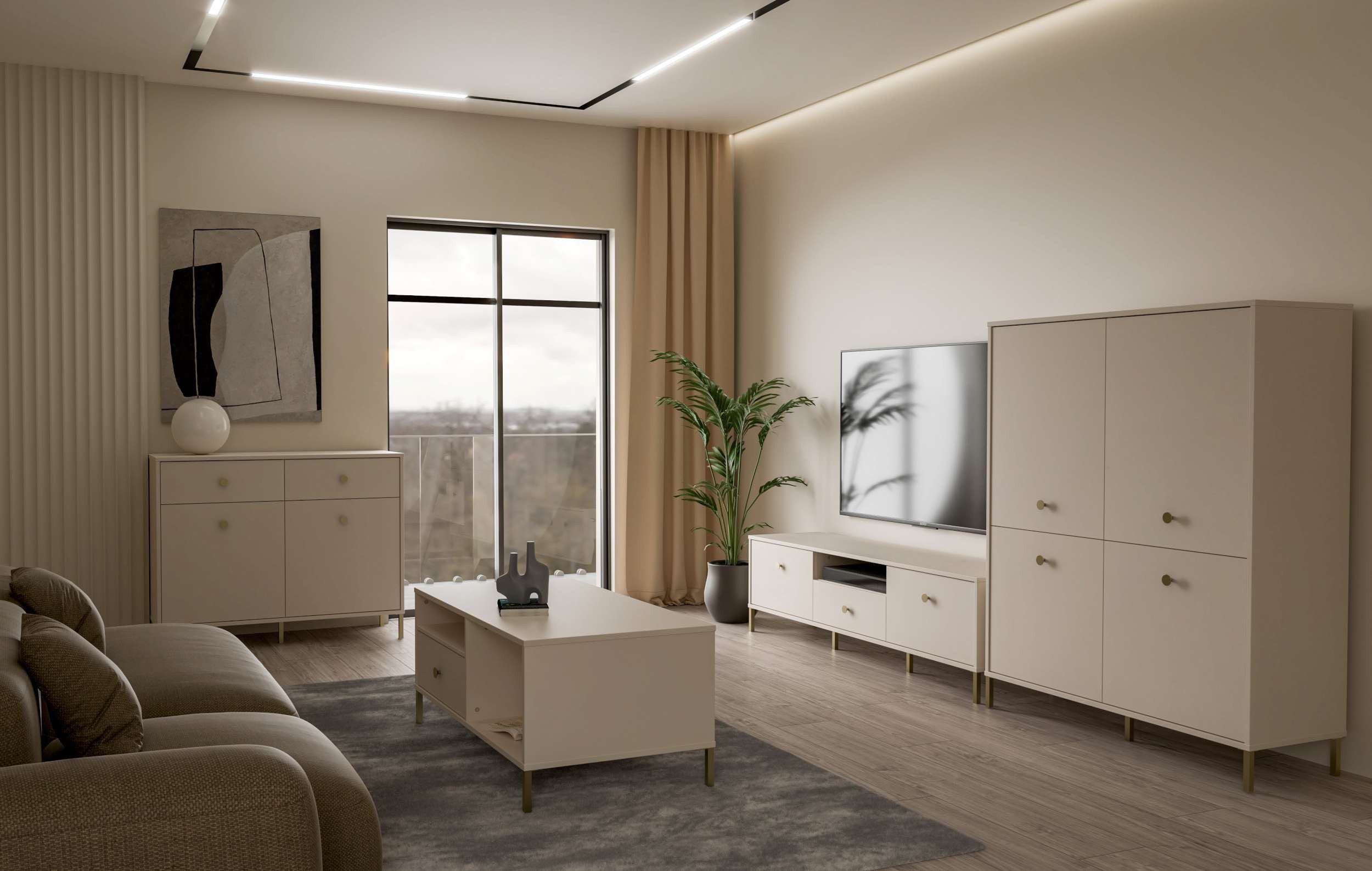 99rooms Wohnwand Patricio, (Wohnmöbel, Wohnzimmer-Set (4×St), bestehend aus Kommode, TV-Lowboard, Highboard, Couchtisch