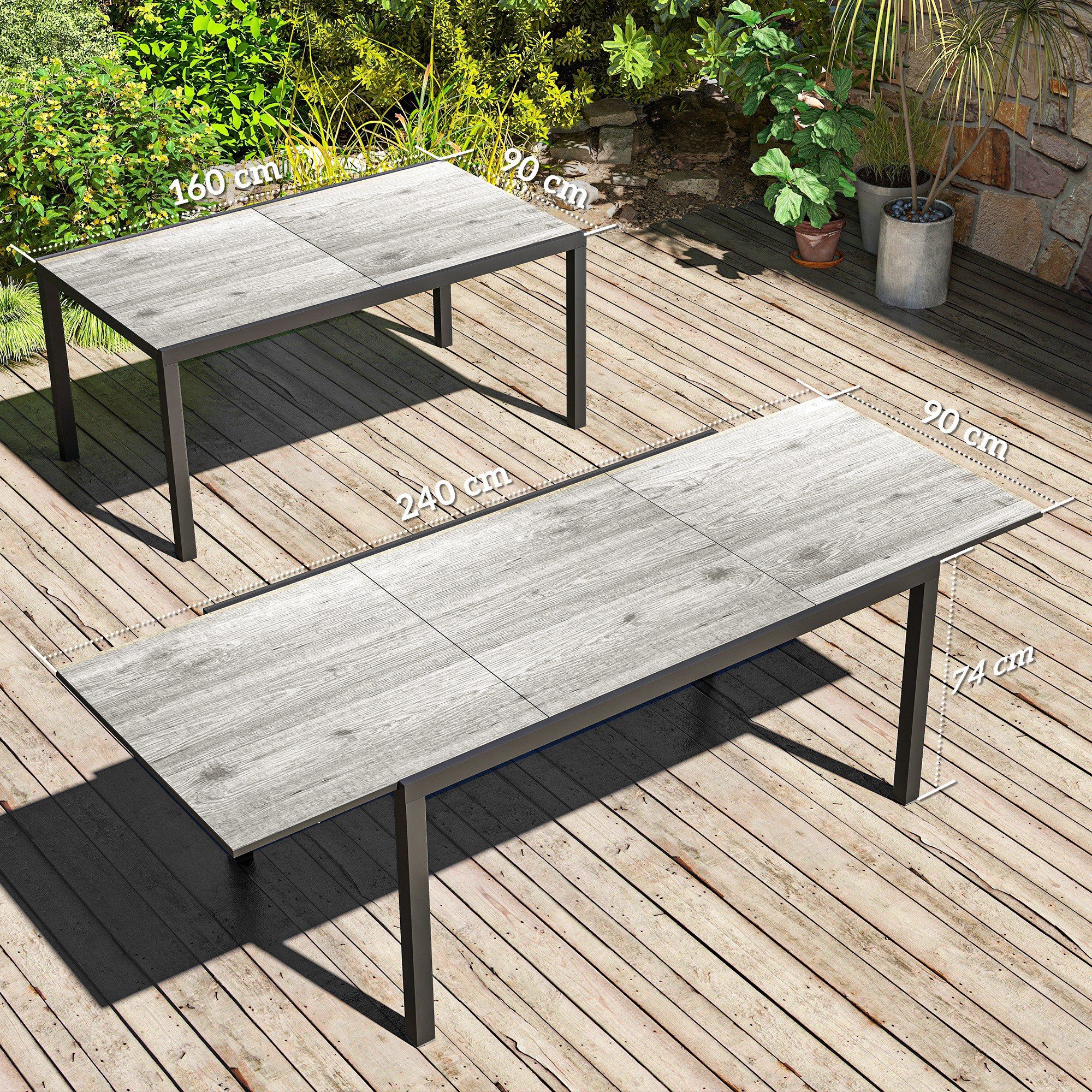 Outsunny Gartentisch für 6-8 Personen, mit Holzoptik, wetterfest (Balkontisch aus Aluminium, 1-St., ausziehbarer Esstisch), 160,240 x 90cm, für Garten, Terrasse, Balkon, Grau