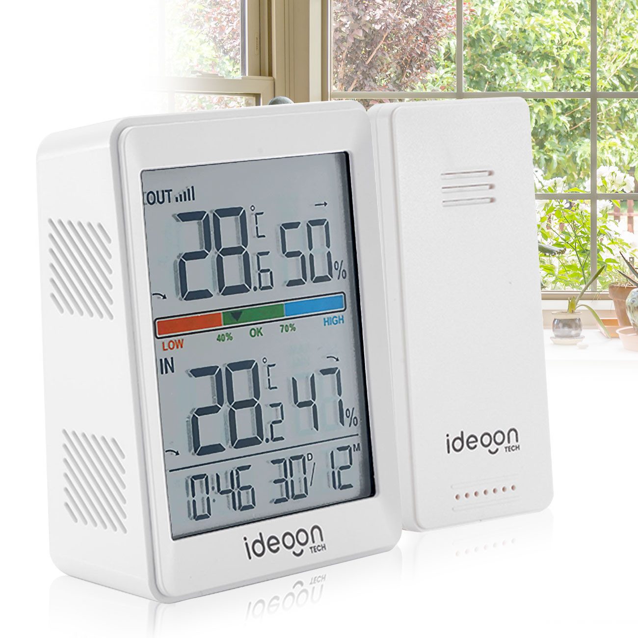 shop'n smile ideoon Hygrometer Funk Thermometer Hygrometer Wettermessung Funk-Außensensor 60m Reichw., für Innen- & Außenklima-Messung/LCD-Display mit Beleuchtung