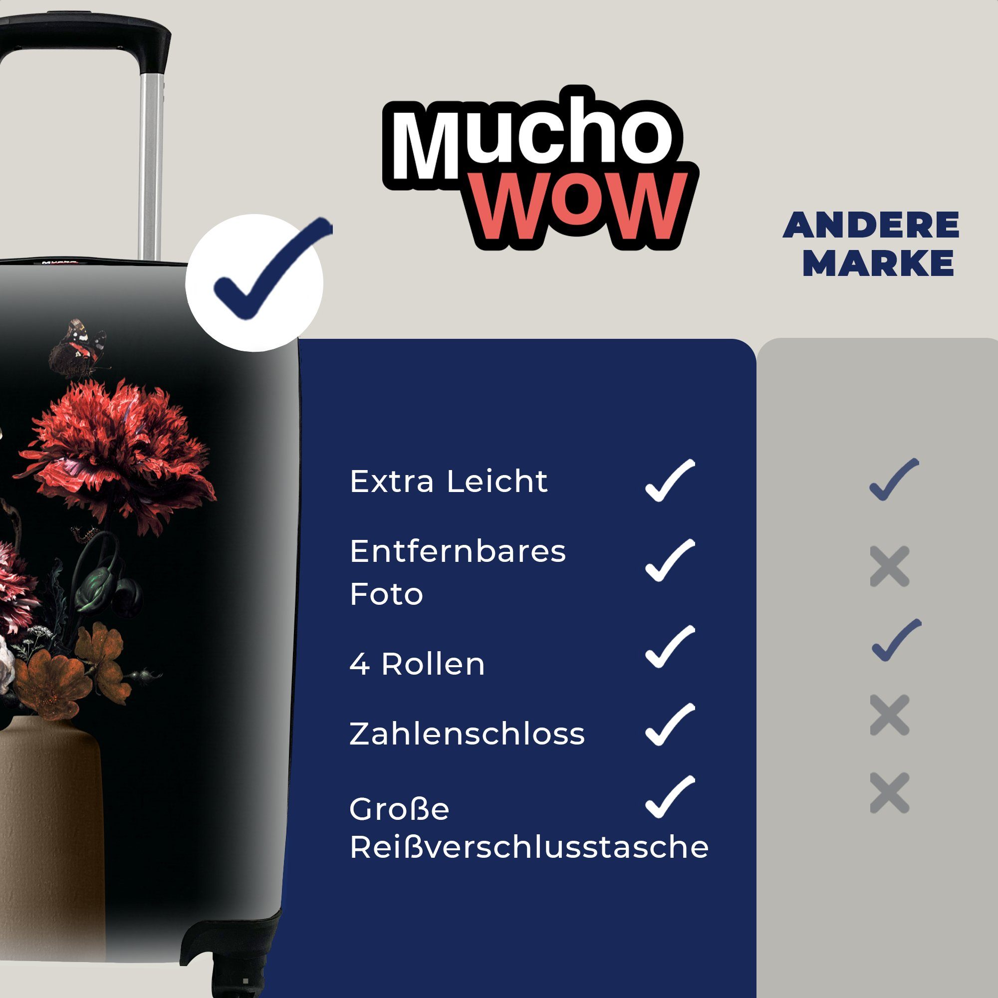 Vase Ferien, für mit rollen, Reisetasche MuchoWow Reisekoffer Trolley, Handgepäckkoffer 4 - Blumen Handgepäck - Stilleben, Rollen,