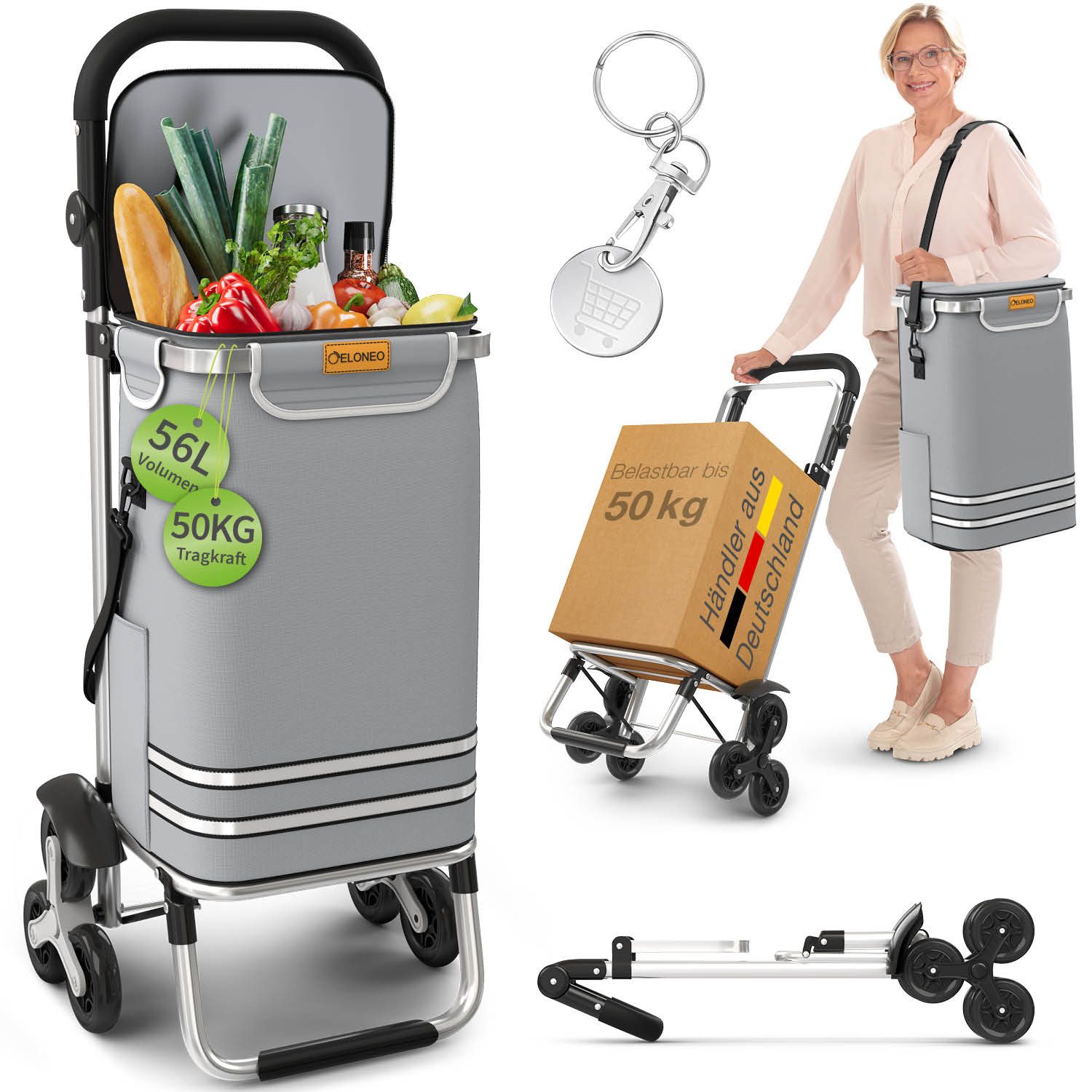 ELONEO Einkaufstrolley ELONEO Einkaufstrolley Treppensteiger, 56L Volumen, 3×3 Radsystem, Mit HängFix zum Anhängen an den Einkaufswagen