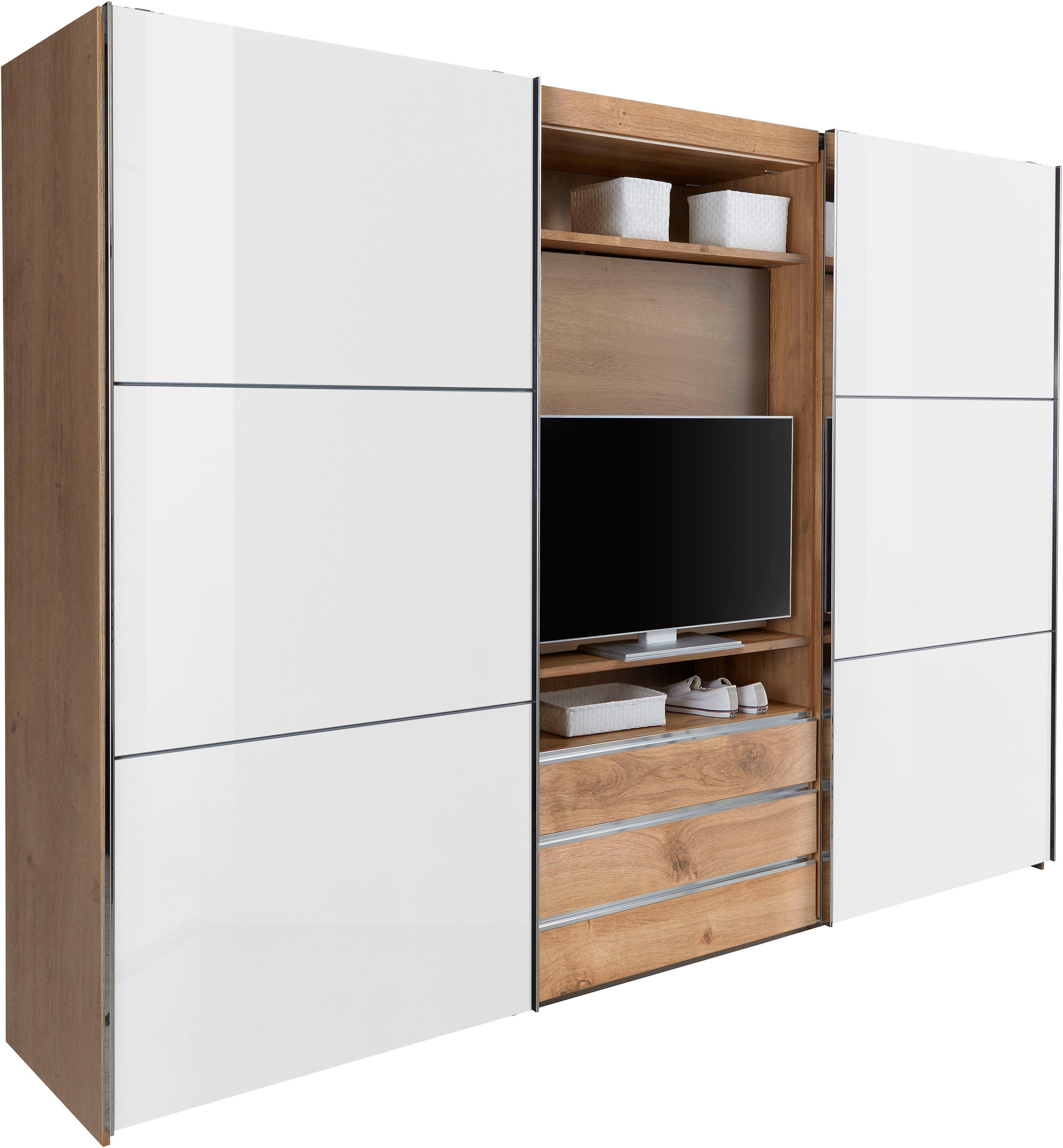 Fresh To Go Schwebetürenschrank Magic mit drehbaren TV-Element plankeneichefarben, Außentüren Weißglas