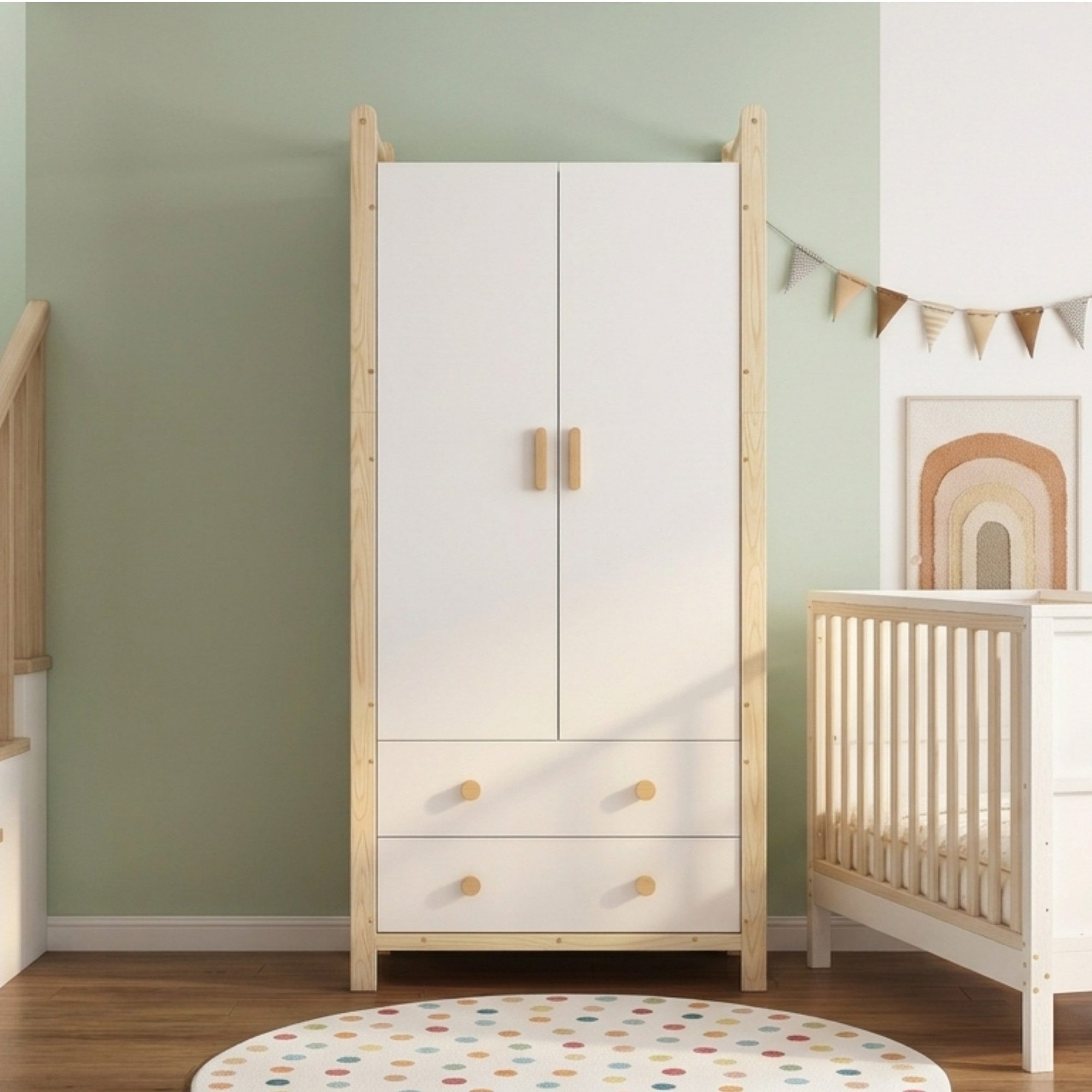 Ulife Kleiderschrank 90×45×180 cm, 2-türiger, mit Kleiderstange, 2 Schubladen (2-St) Flurgarderobe geeignet, aus Spanplatte, weißer Körper + Kieferrahmen – Bild 5 von 5