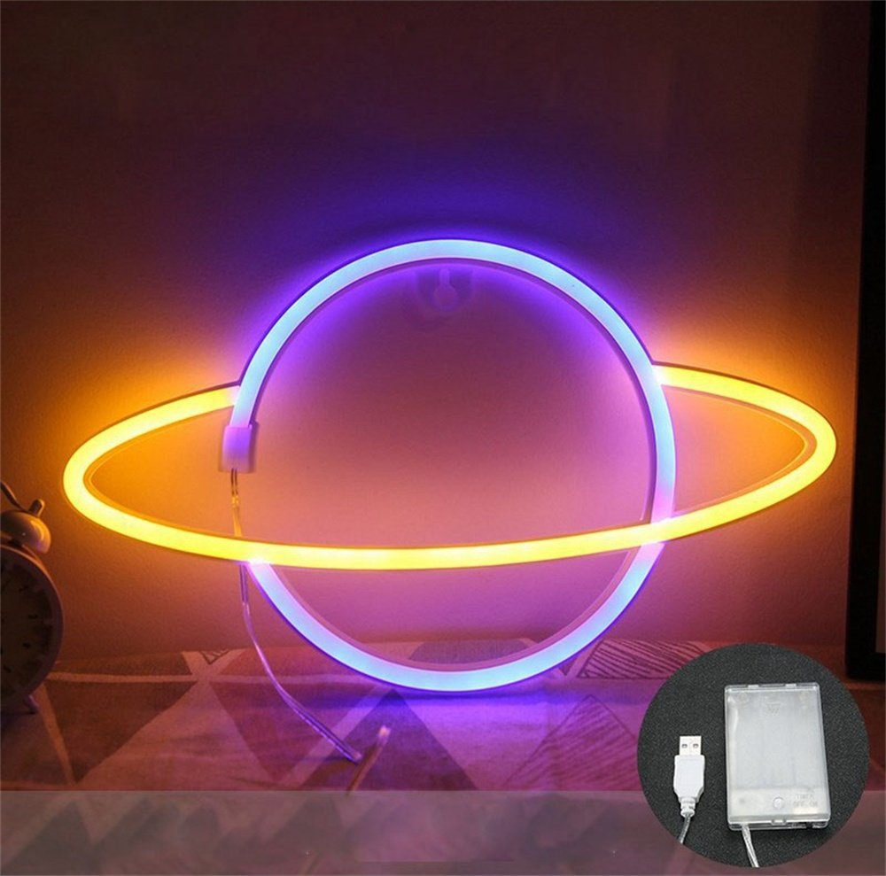 Oneid LED Stripe Planet Neonlicht und Sockel LED Tischlampe Nachtlicht USB/Batterie A03