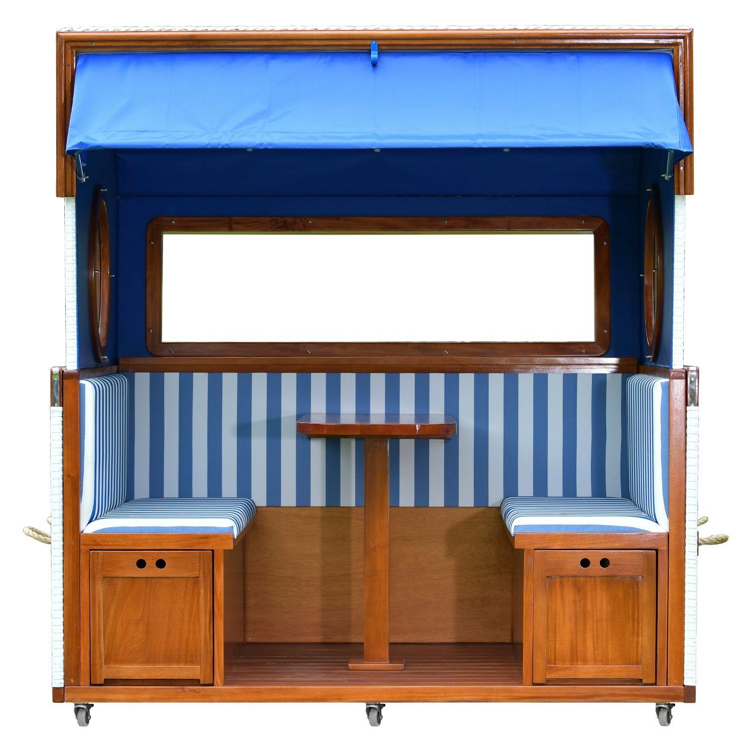 200x158x207 Nordsee-Strandkorb, Mahagoni 6-Sitzer Staufächer, - blau/weiß, Gosch-Lounge, weiß - großer PE BxTxH: Strandkorb Sitzbänken, Modell und Panoramafenster, Bullaugen deVries Tisch Strandkorb cm,