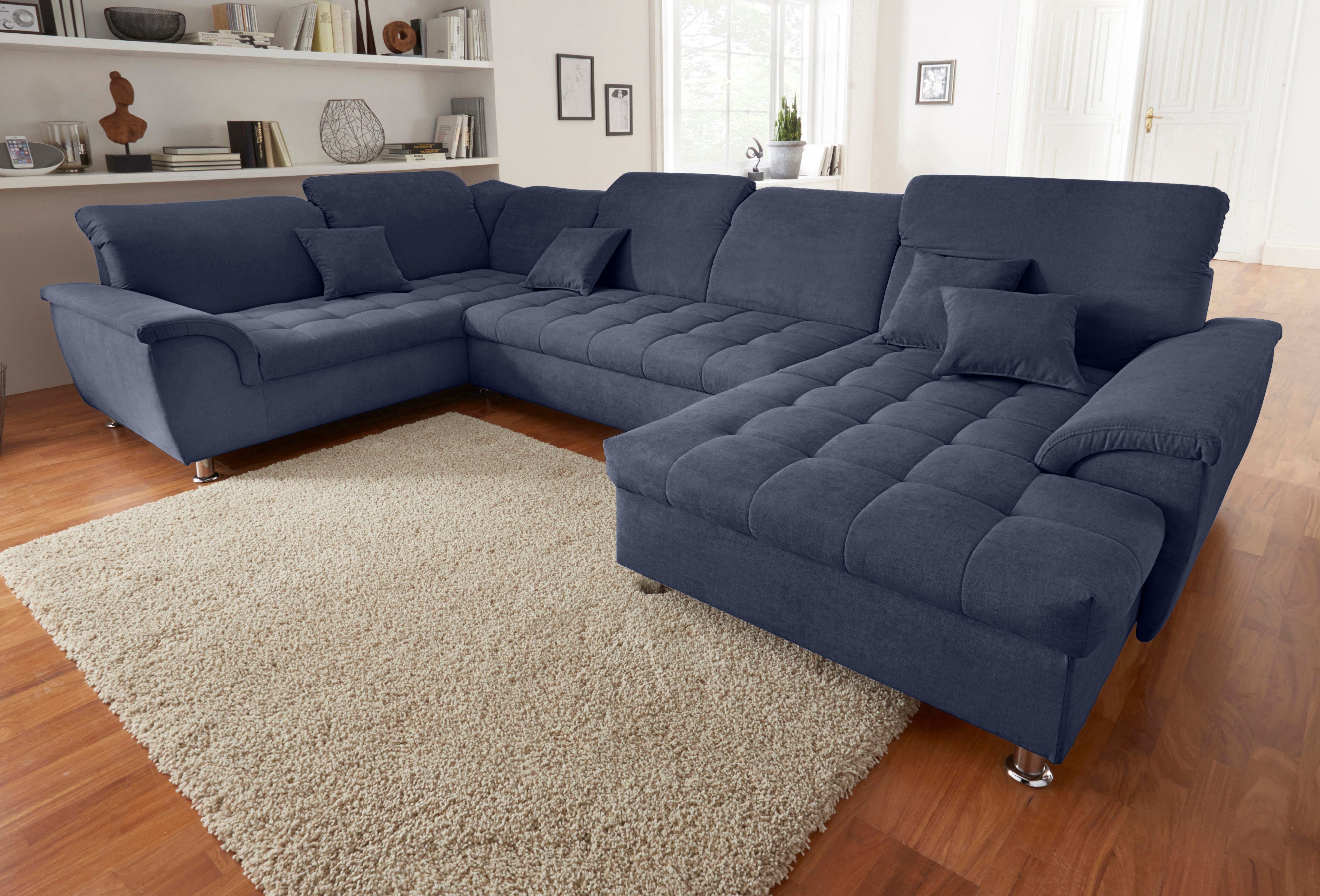 DOMO collection Wohnlandschaft Franzi optional mit Bettfunktion, Bettkasten & Kopfteilverstellung, U-Form, Recamiere rechts, marine, B/T: 352/214 cm