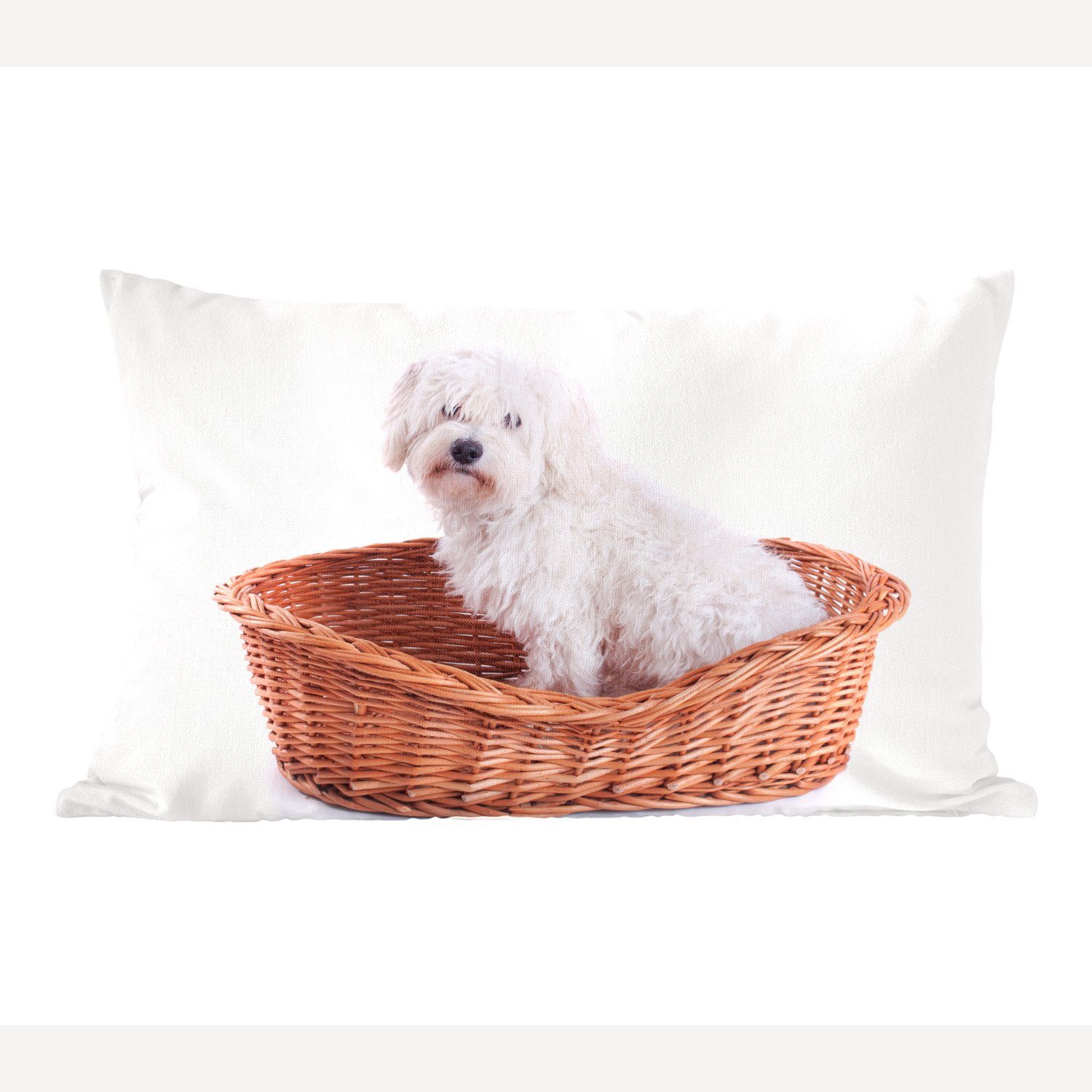 MuchoWow Dekokissen Malteser Hund im Korb sitzend, Wohzimmer Dekoration, Zierkissen, Dekokissen mit Füllung, Schlafzimmer