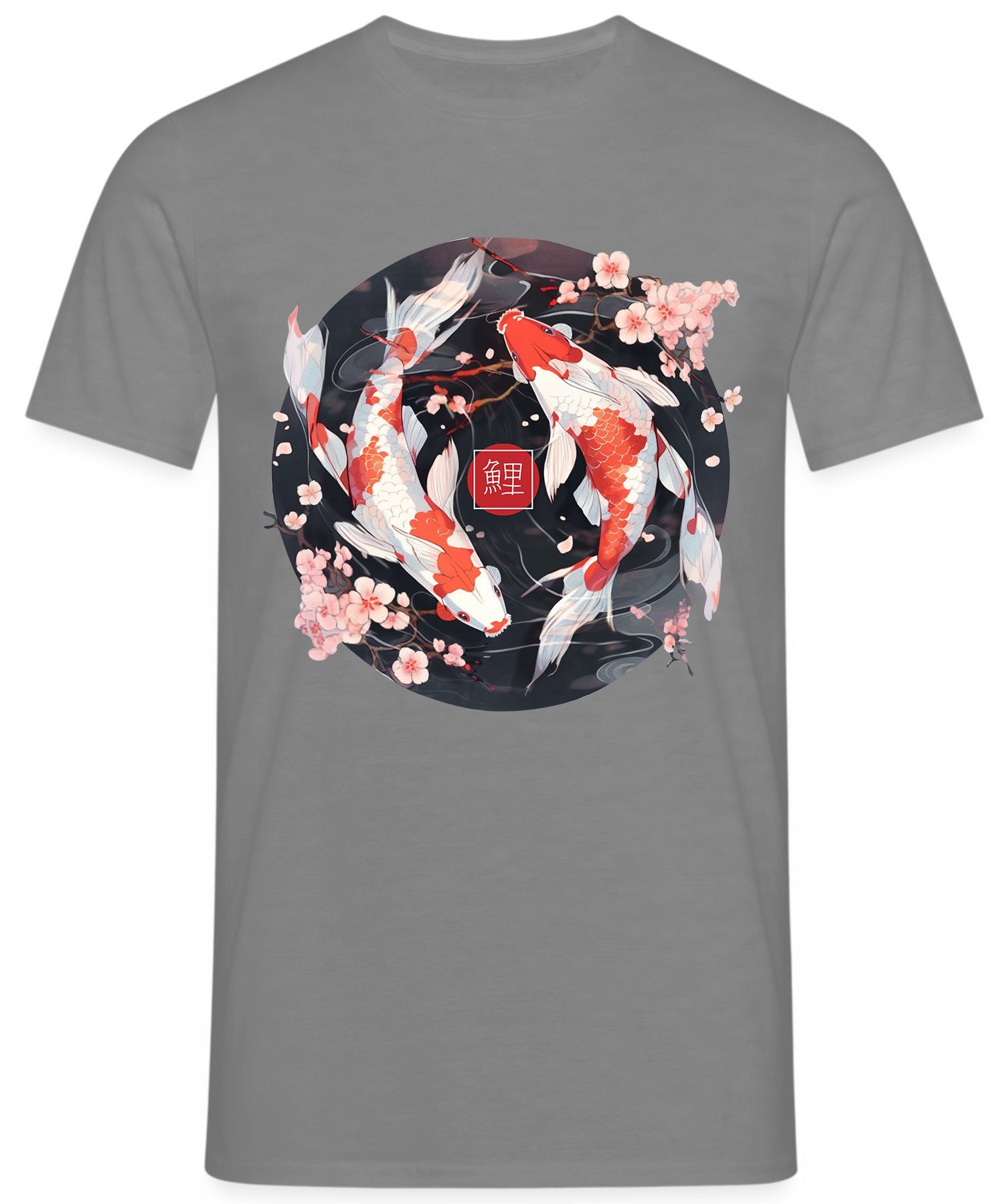 Grau Karpfen Blossom Formatee Koi Cherry Ästhetik - Anime Sakura Heather Japanische Kurzarmshirt (1-tlg) Quattro Fisch